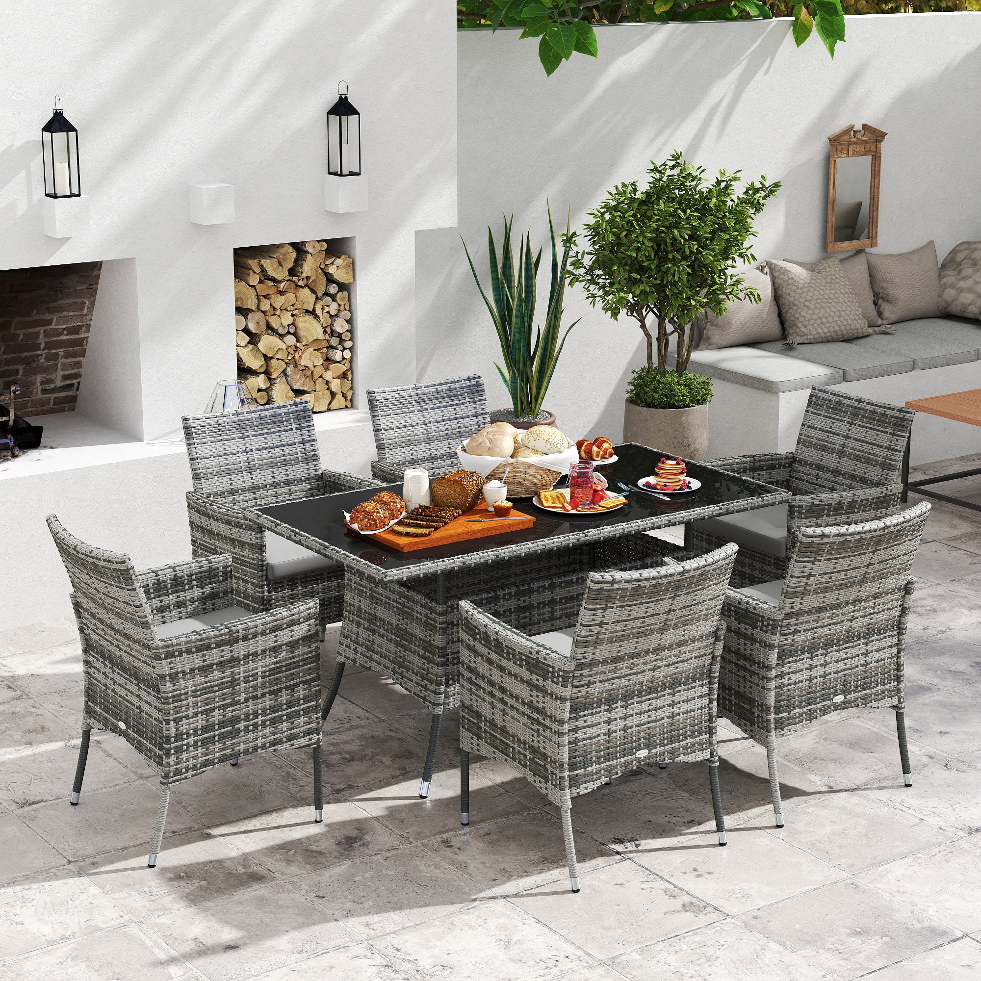 Outsunny 7-Piece Rattan Garden Furniture Set with Cushions, 6 Seater Garden Table and Chairs, Rattan Dining Set with 6 Armchairs, Rectangular Glass Top Table, Grey