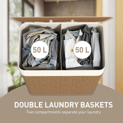 HOMCOM Double Laundry Basket with Lid, 100L Bamboo Laundry Hamper with Rope Handles, Washing Basket with Removable Liner for Bathroom, Bedroom, Brown
