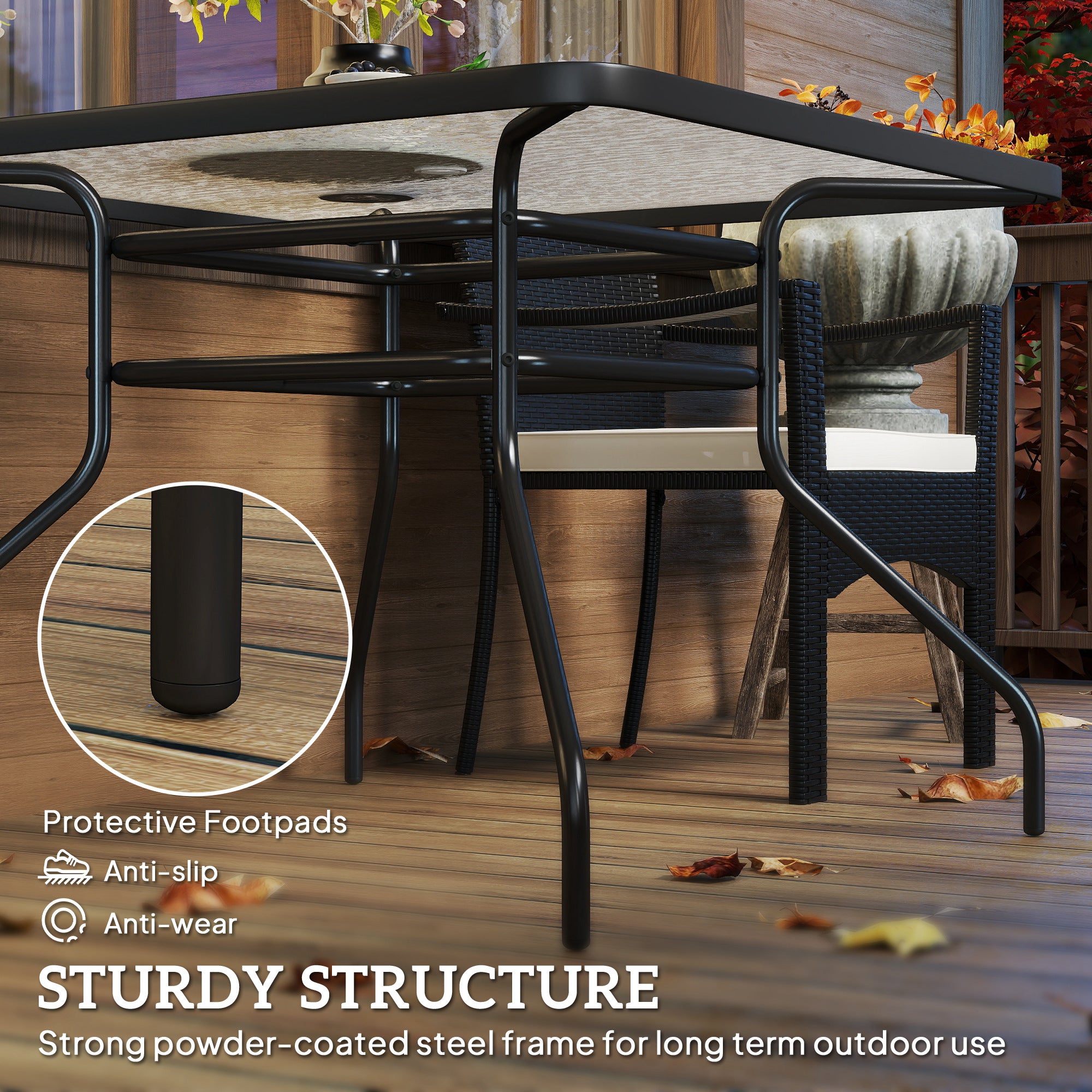 Outsunny Square Garden Dining Table with Tempered Glass Top & Umbrella Hole, 100 x 100 cm