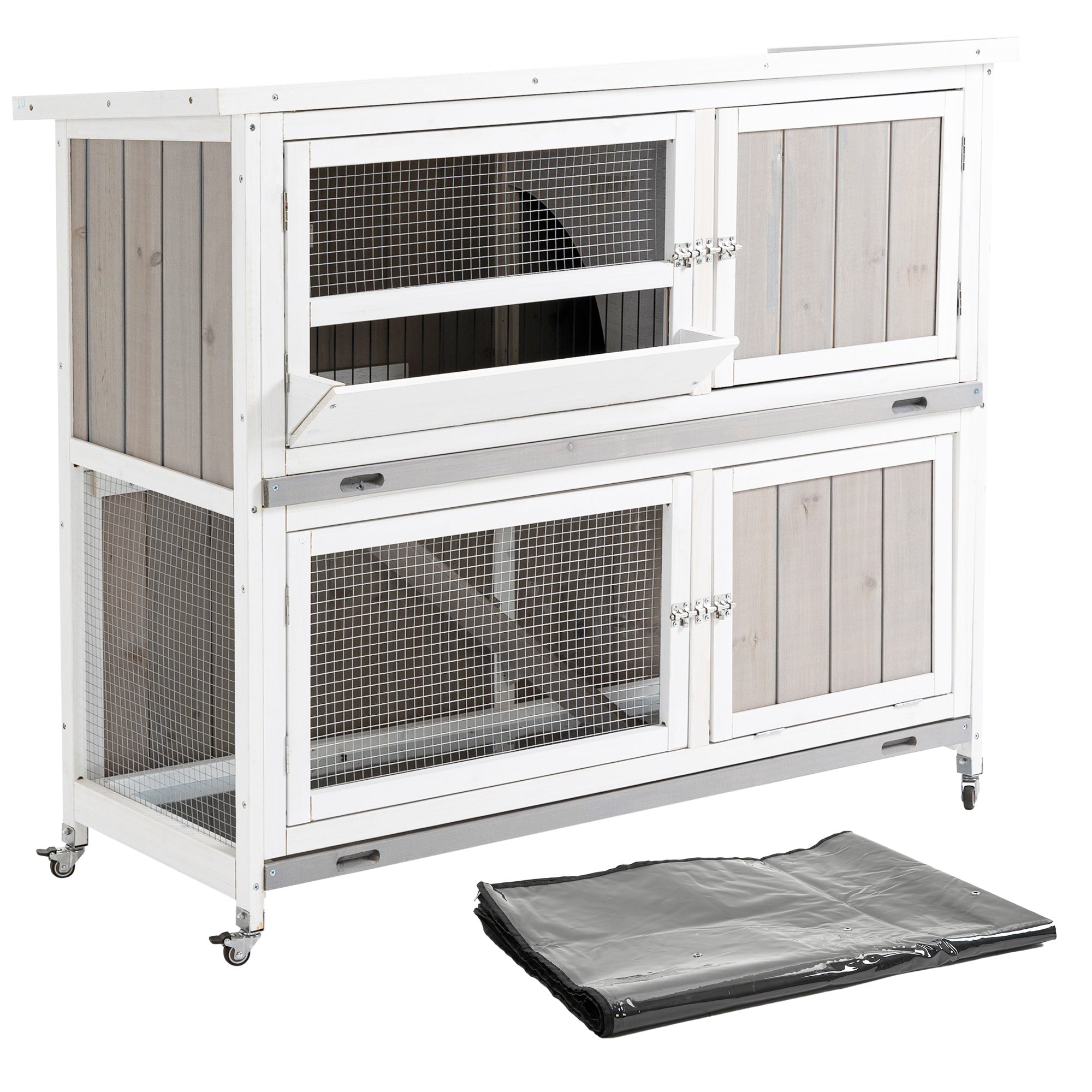 PawHut Wooden Pet Hutch, Two-Tier Cage with Rain Cover, Wheels, White