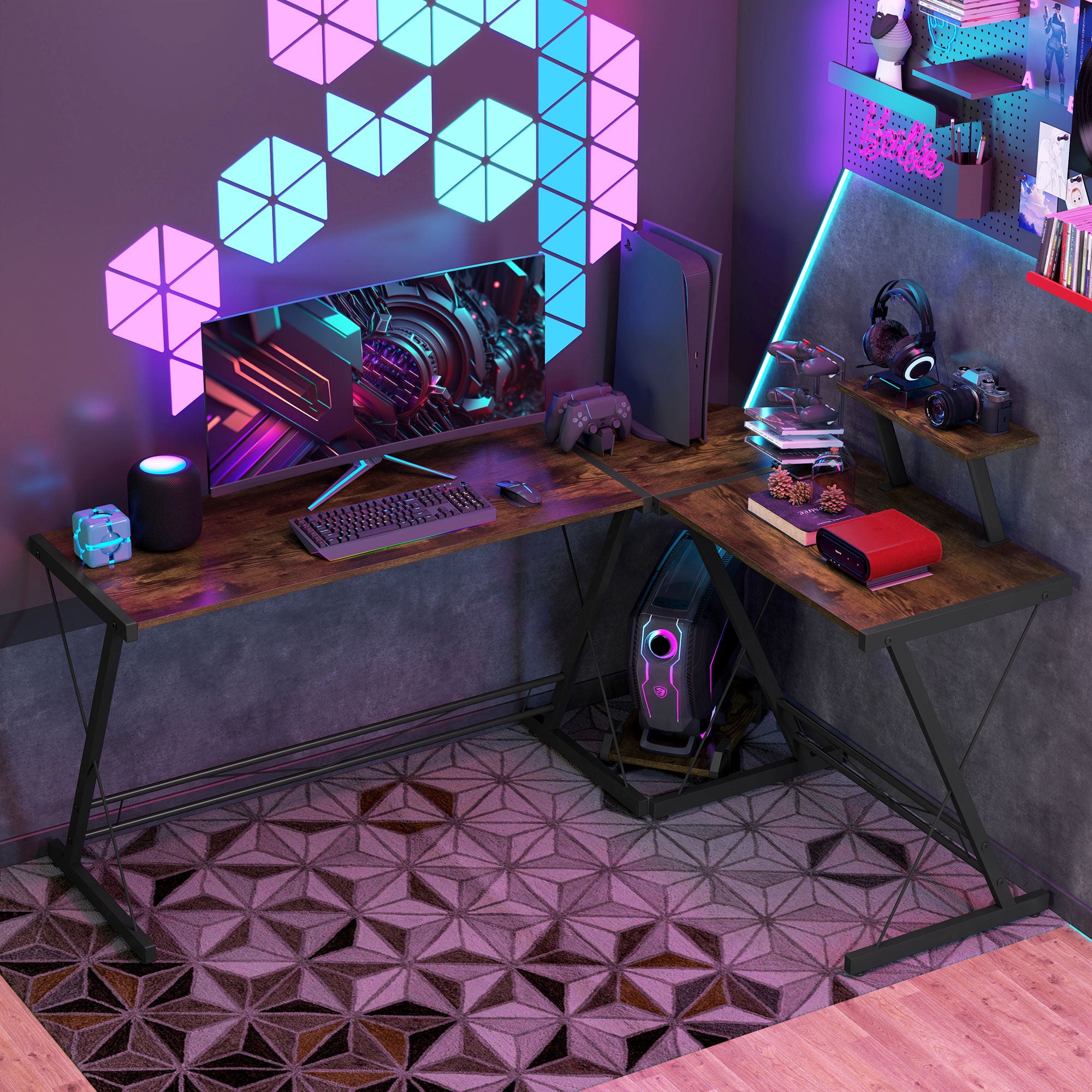 HOMCOM L Shaped Corner Desk, Gaming Desk, Computer Table with Monitor Stand and CPU Stand, Study Workstation for Home Office, 155 x 115 x 91.5cm, Rustic Brown and Black