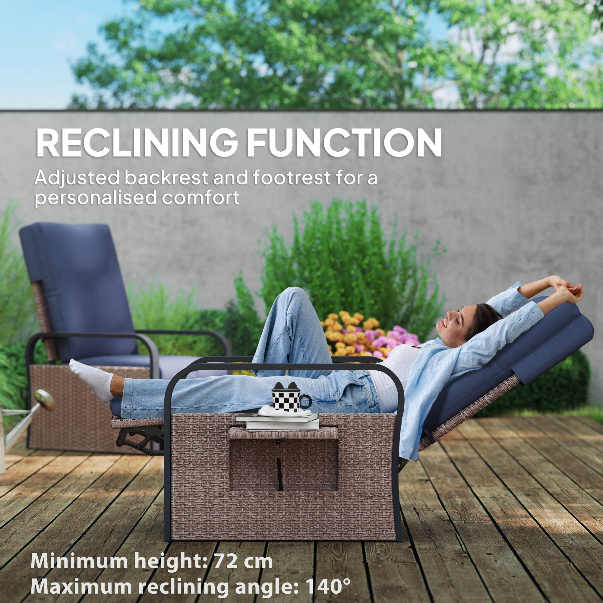 Outsunny 140√Ç¬∞ Reclining Rattan Armchair - Brown/Blue