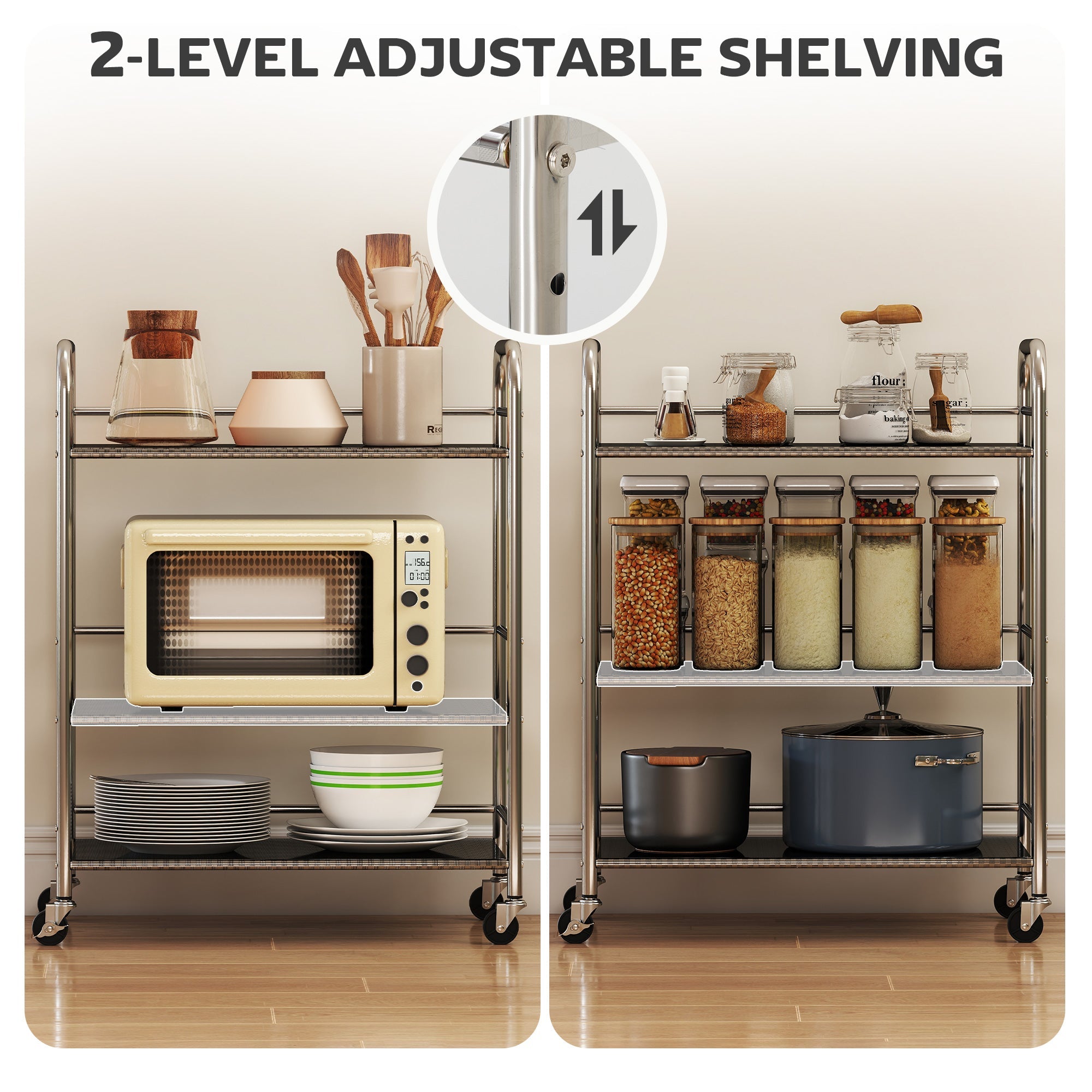 HOMCOM 3 Tier Stainless Steel Kitchen Storage Trolley with Adjustable Shelf - Silver
