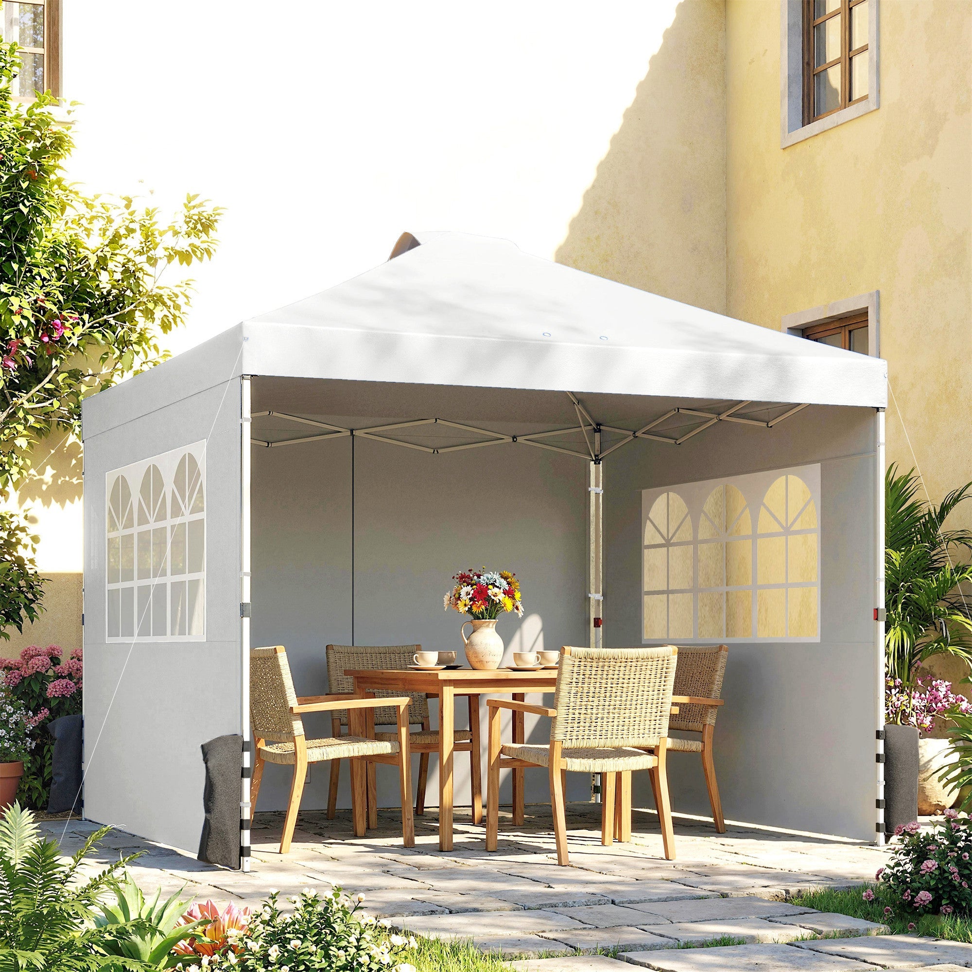 Outsunny Pop Up Gazebo Waterproof Height Adjustable Canopy with 3 Sidewalls Wheeled Bag for Parties 3 x 3 m White
