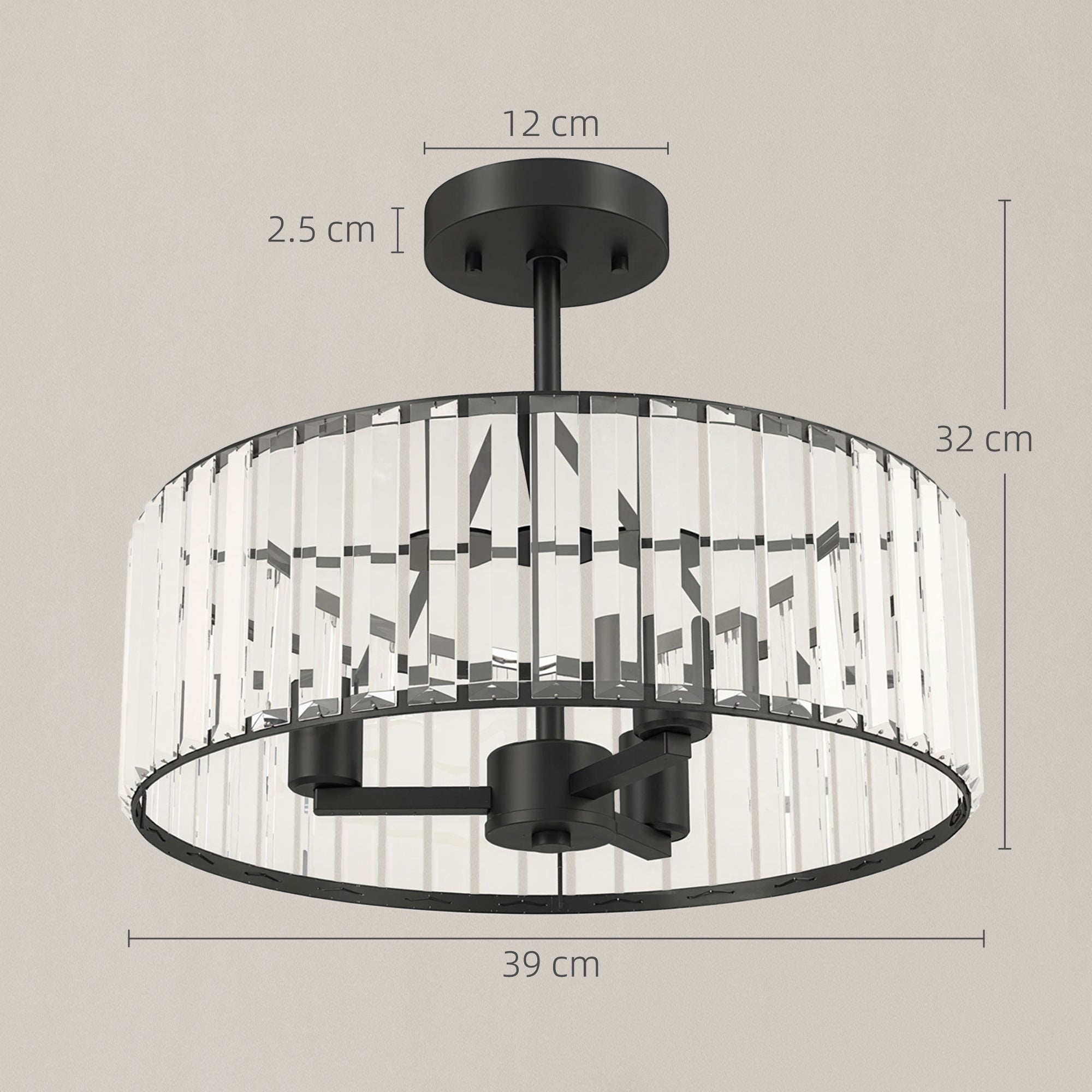 HOMCOM Crystal Ceiling Light, Semi Flush Mount Modern Crystal Chandelier Ceiling Light, E14 Base 3-Lights, Bulbs Not Included