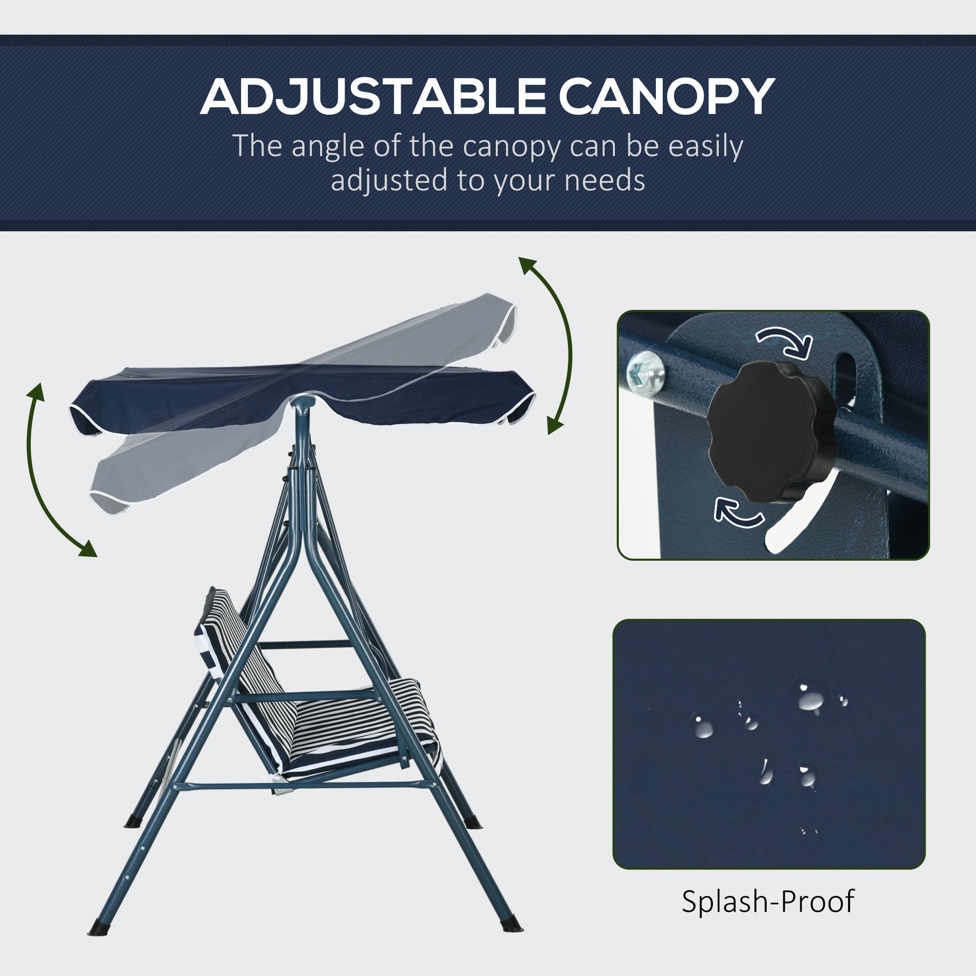 Outsunny 3 Seater Garden Swing Chair, Outdoor Swing Chair with Adjustable Canopy, Mental Frame & Cushions, Blue