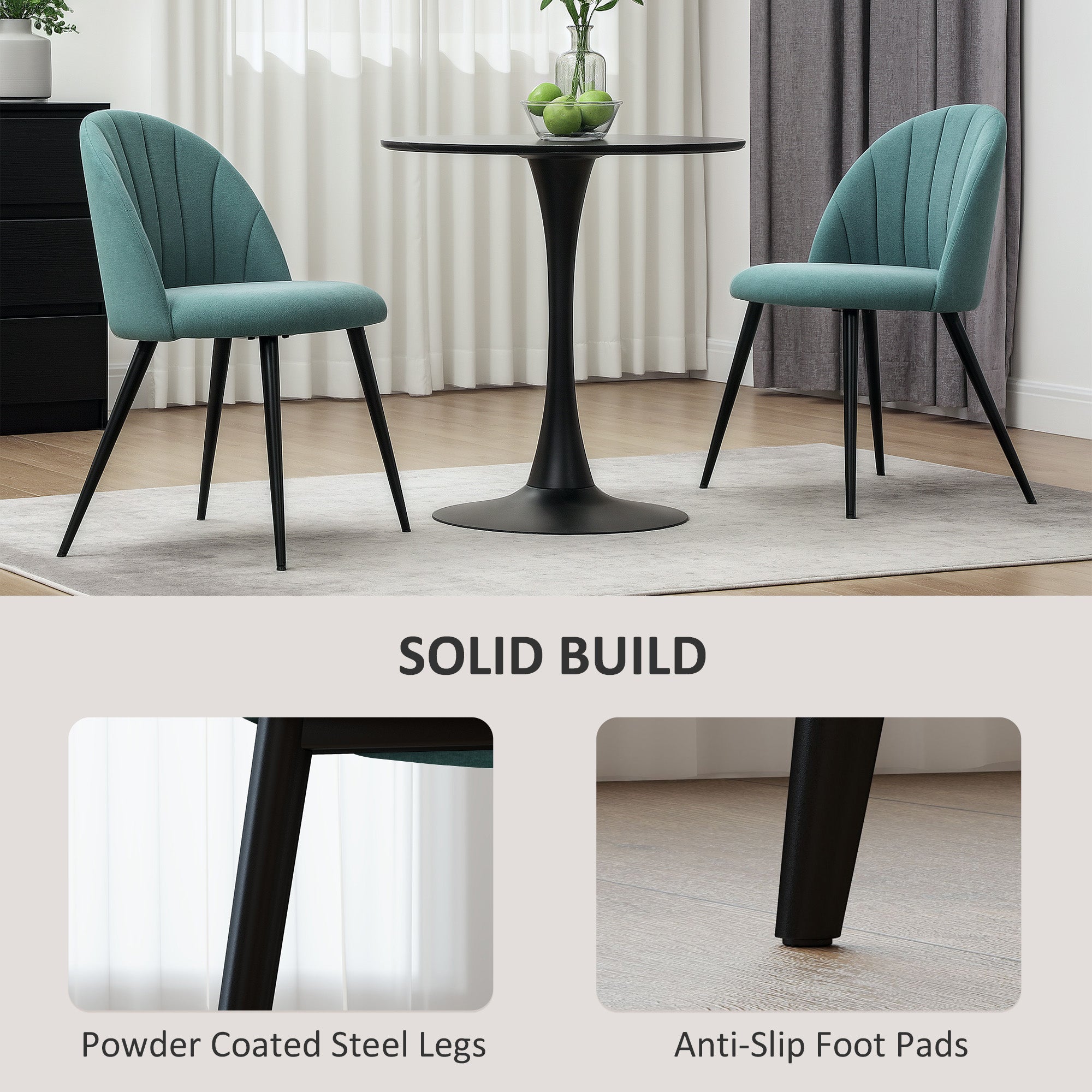 HOMCOM Dining Chairs Set of 2, Modern Upholstered Kitchen Chairs with Metal Legs, Shell Backrest and Padded Seat for Dining Room, Bedroom, Living Room, Vanity, Green