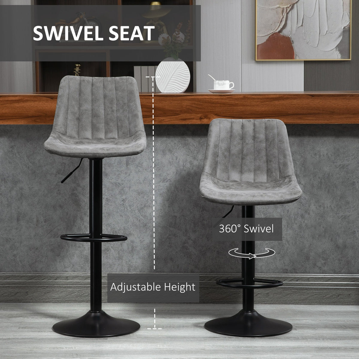 HOMCOM Set of 2 Leathaire Tub Bar Stools - Grey