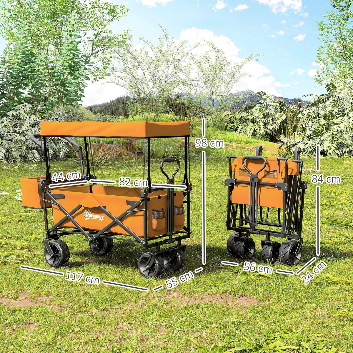 Outsunny 120L Festival Trolley on Wheels, Folding Camping Trolley Cart with Removable Canopy, All-Terrain Wheels, Adjustable Handle, Push or Pull for Garden Beach Fishing Shopping, Orange