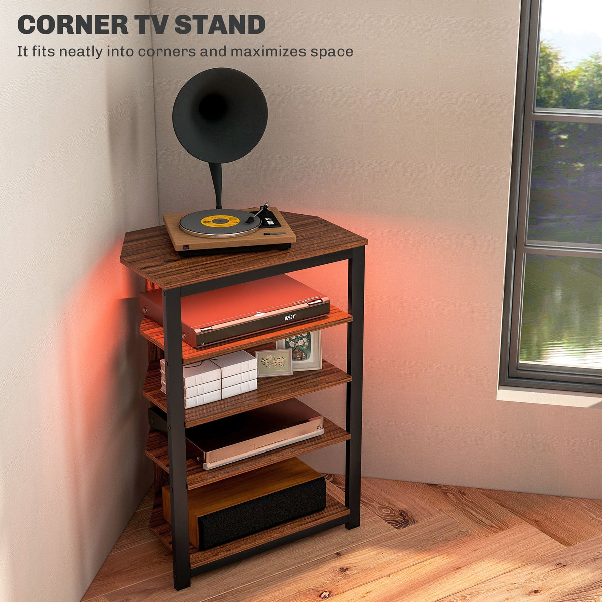 HOMCOM 4-Tier Corner TV Stand with Storage, LED Lights, Cable Management, Small TV Unit Entertainment Centre for TVs up to 29", for Living Room, Bedroom