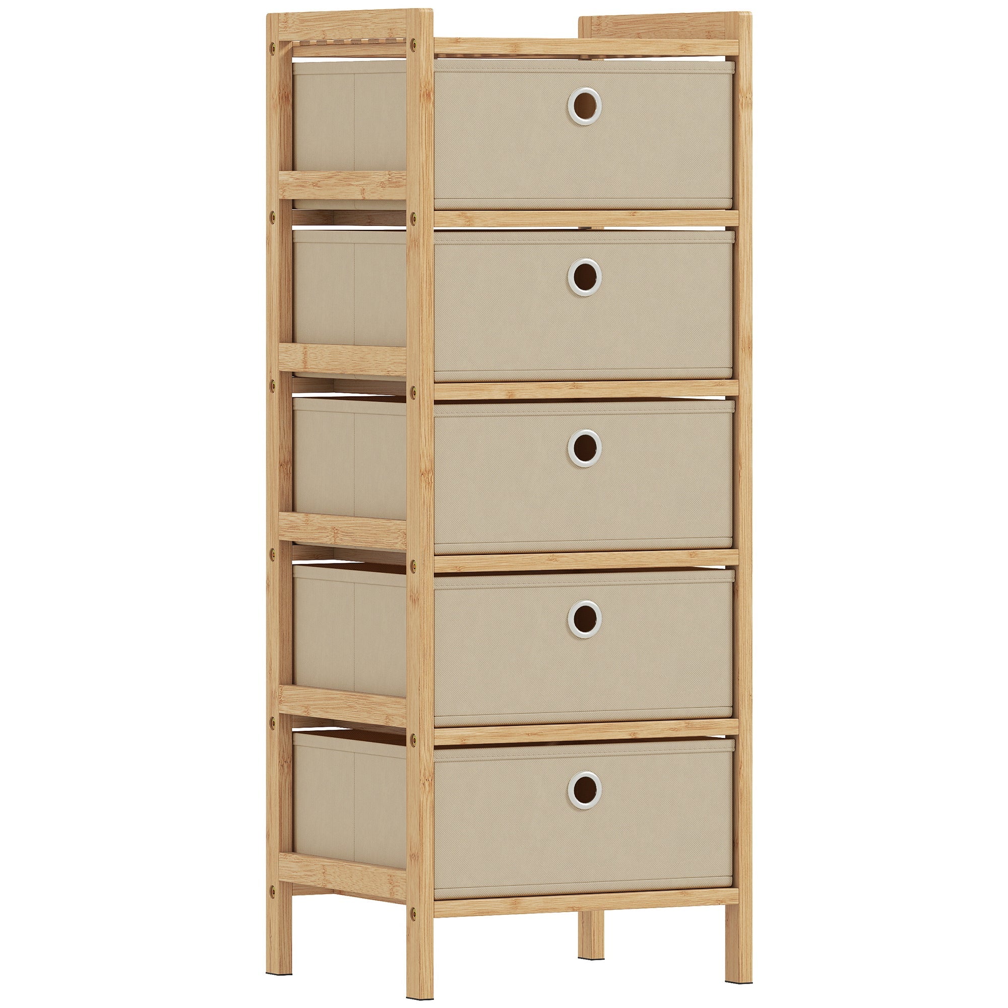 HOMCOM Chest of Drawers, 5 Fabric Drawers Narrow Dresser with Bamboo Frame, Cream White