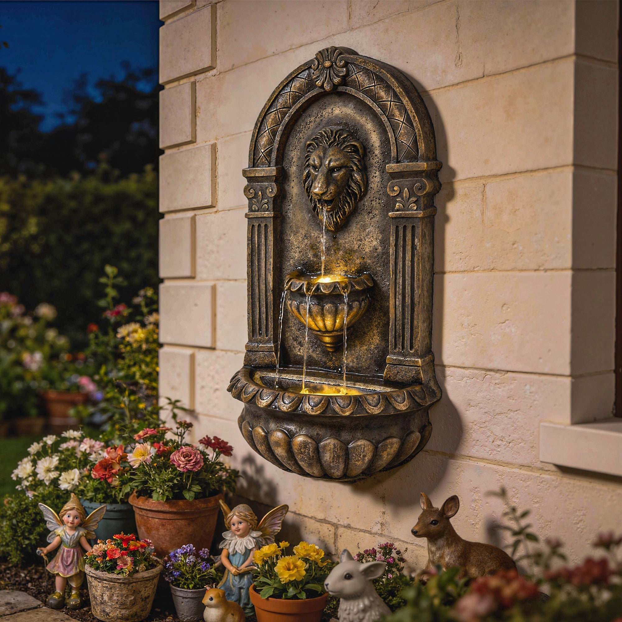 Outsunny Wall-Mounted Water Fountain, 3-Tier Cascading Waterfall with LED Lights and Adjustable Flow for Patio, Rustic Brown