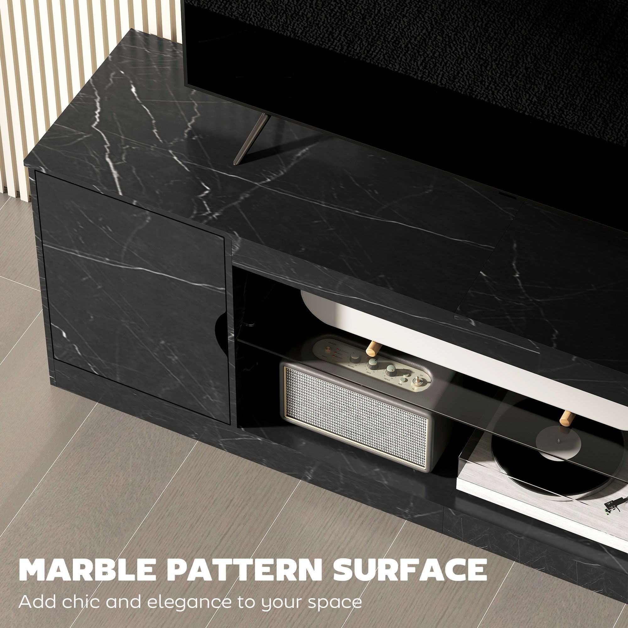 HOMCOM TV Stand Cabinet, Marble Effect TV Unit for up to 55" TVs with Glass Shelf and Storage Cabinet, Entertainment Unit for Living Room, Bedroom, Black