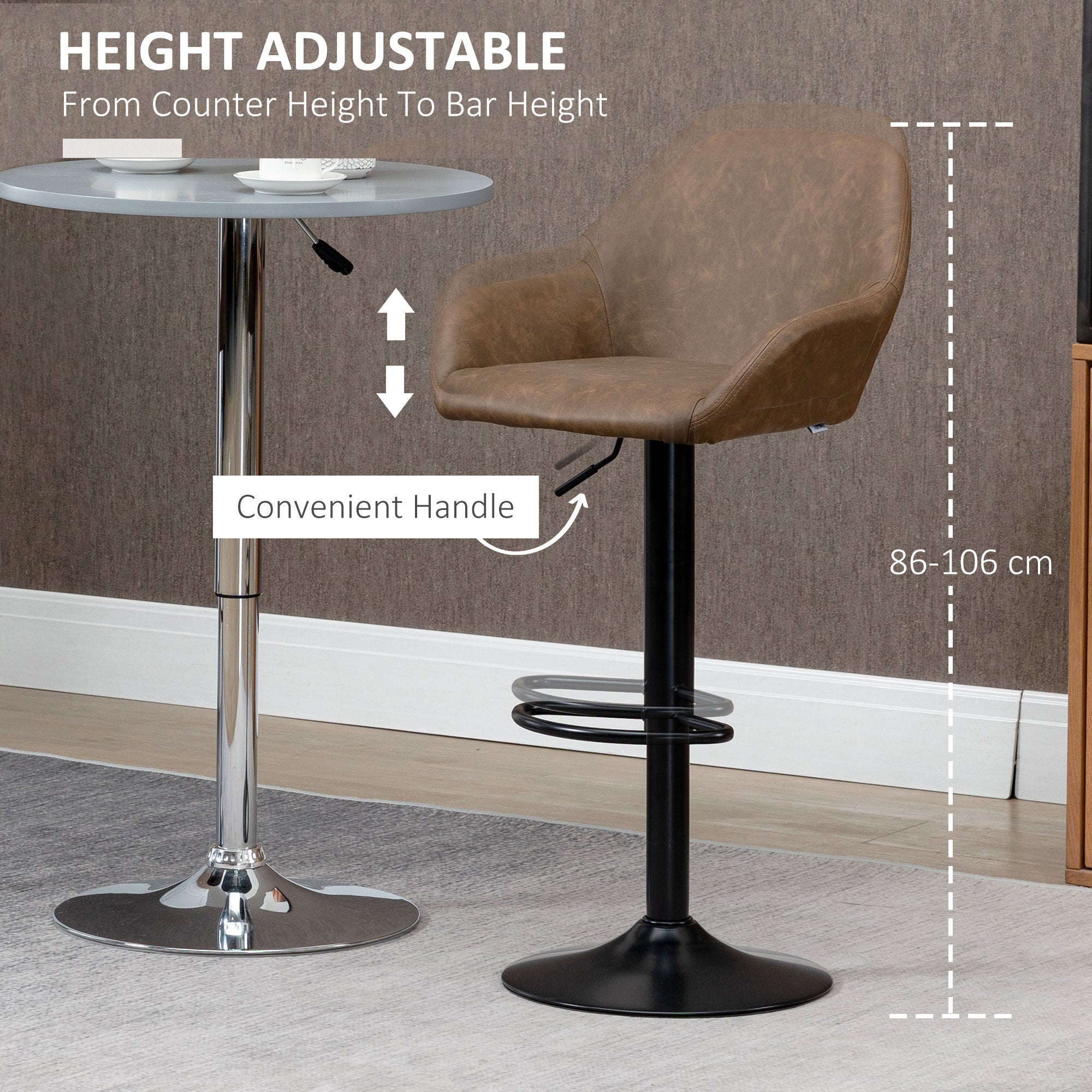 HOMCOM Bar Stools Set of 2, Height Adjustable Swivel Barstools, PU Leather Kitchen Stools with Backs, Armrests and Footrest for Home, Counter and Dining Room, Dark Brown