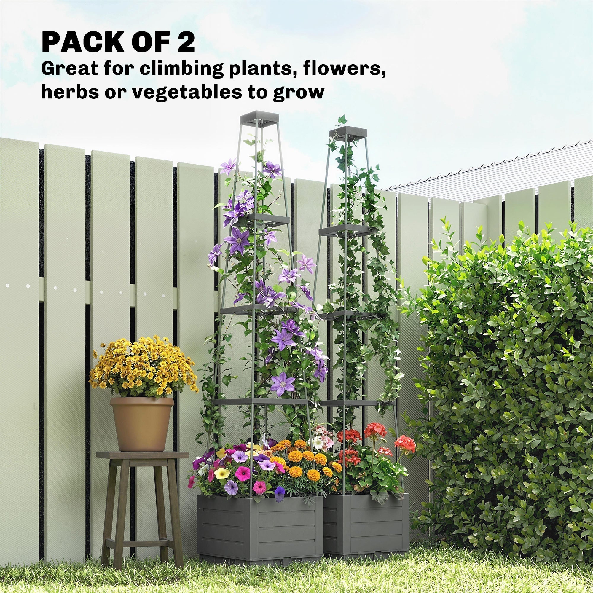 Outsunny 2 Pack Raised Garden Bed with Trellis, Plastic Outdoor Planter Box with Removable Drainage Tray