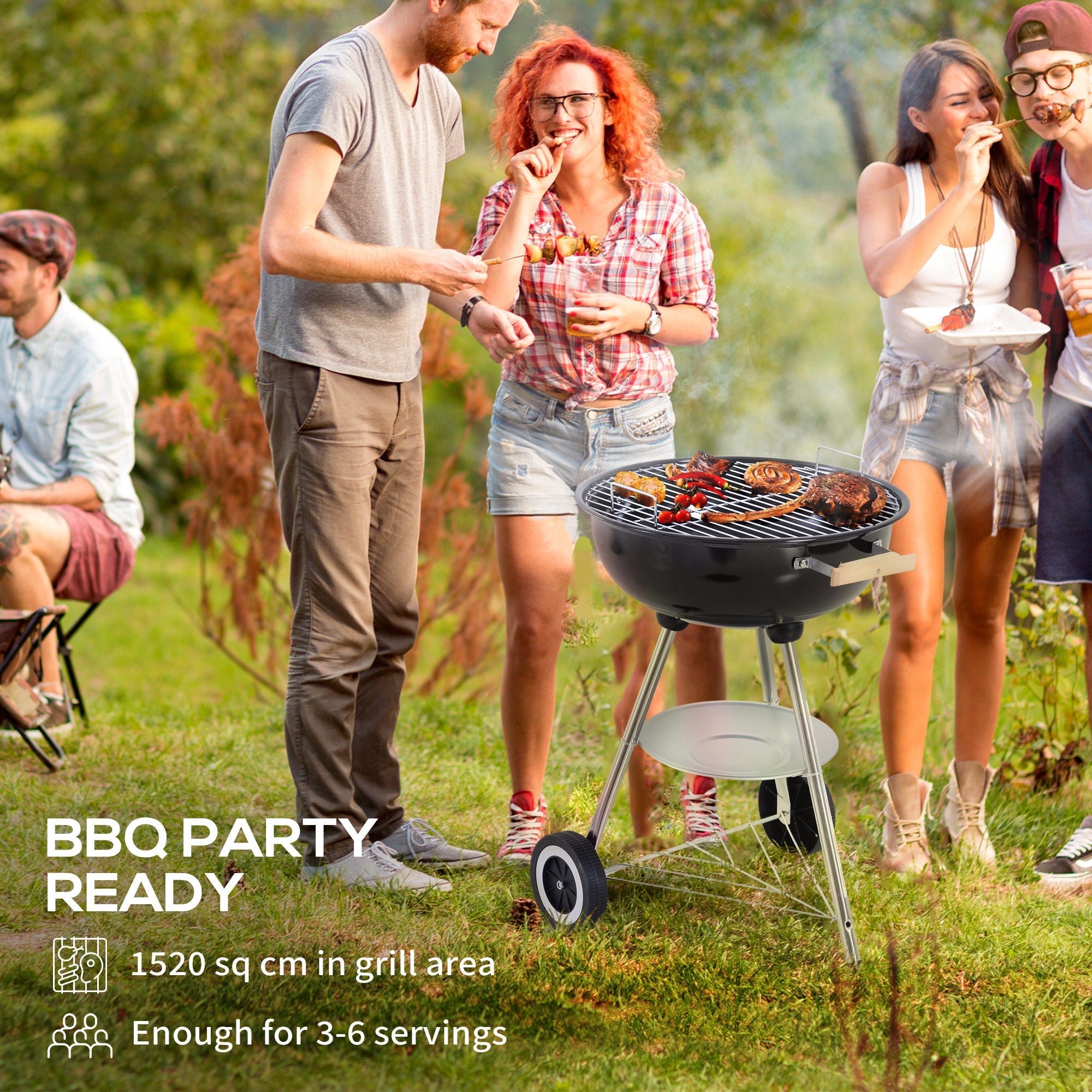 Outsunny Portable Round Kettle Charcoal Grill BBQ Smoker with Lid Outdoor Heat Control Party Patio Barbecue Garden