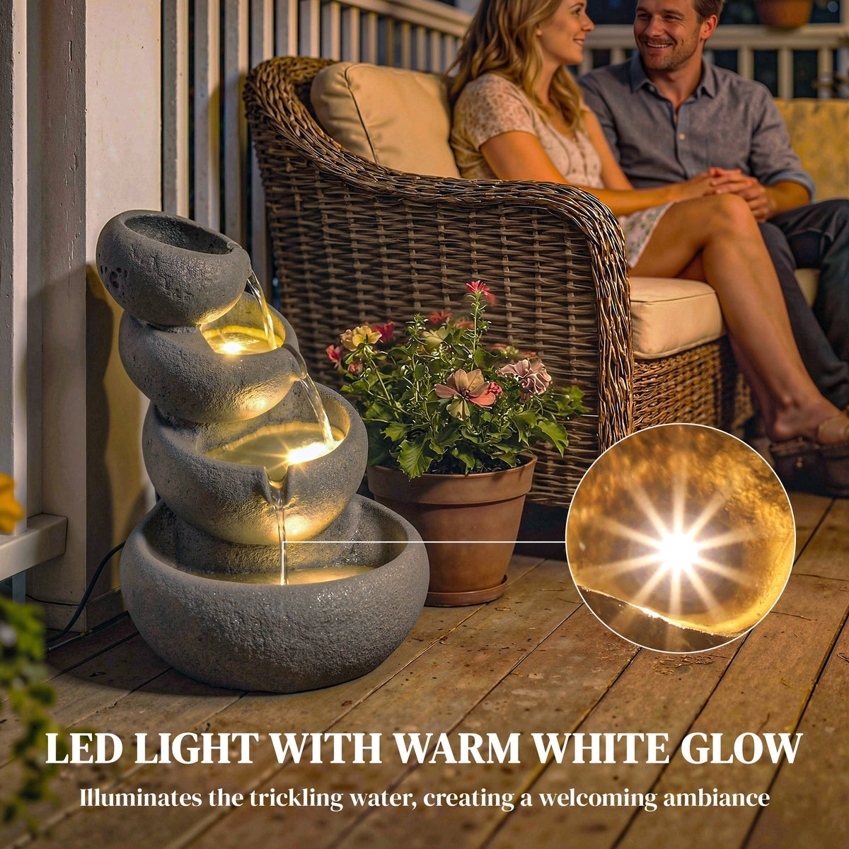 Outsunny 4-Tier Water Fountain Outdoor, Garden Water Feature with LED Lights and Pump, Freestanding Resin Waterfall for Patio