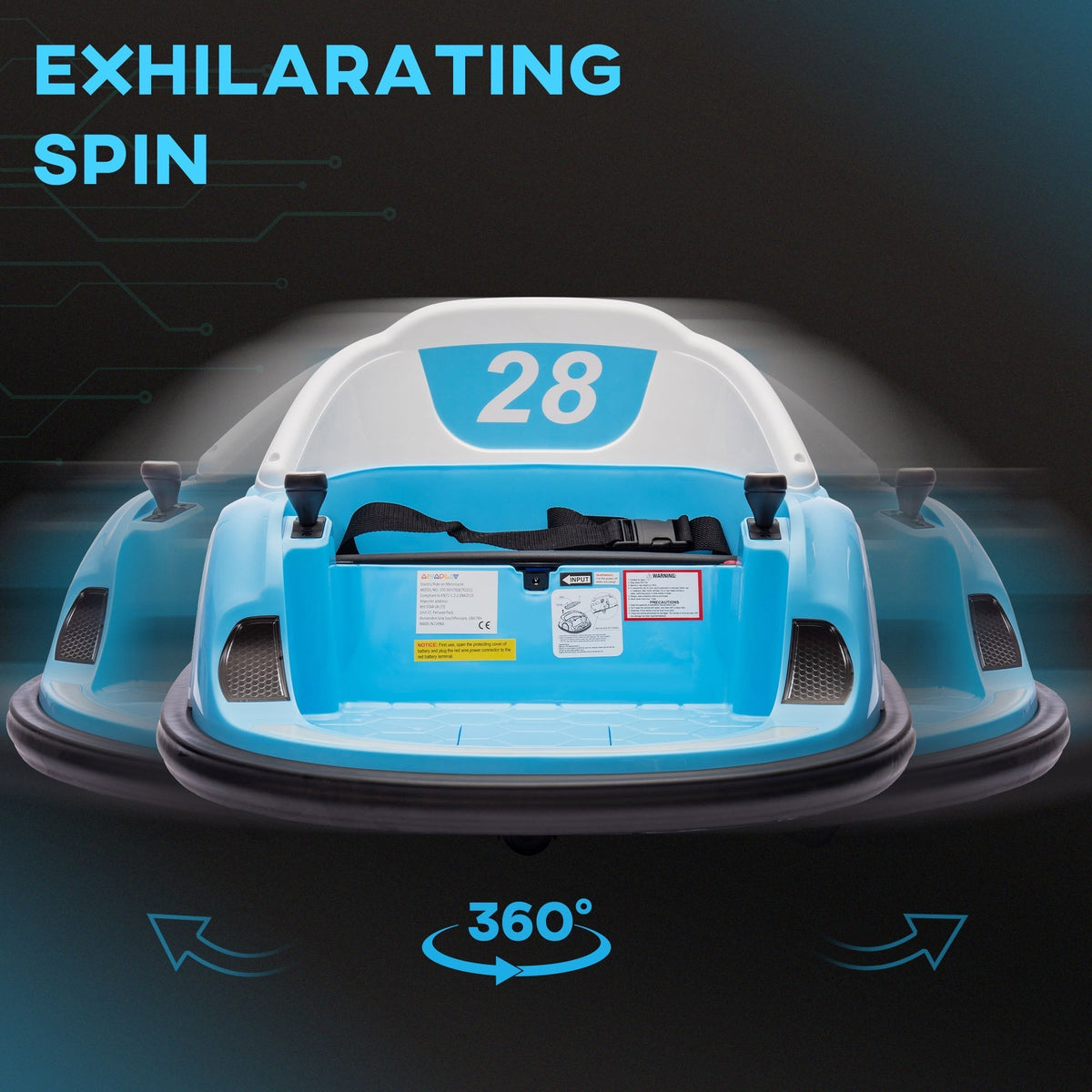AIYAPLAY 360 degrees Rotation Kids Bumper Car, 12V Waltz Car with Remote Control, Dual Joystick, Music, Lights, Light Blue