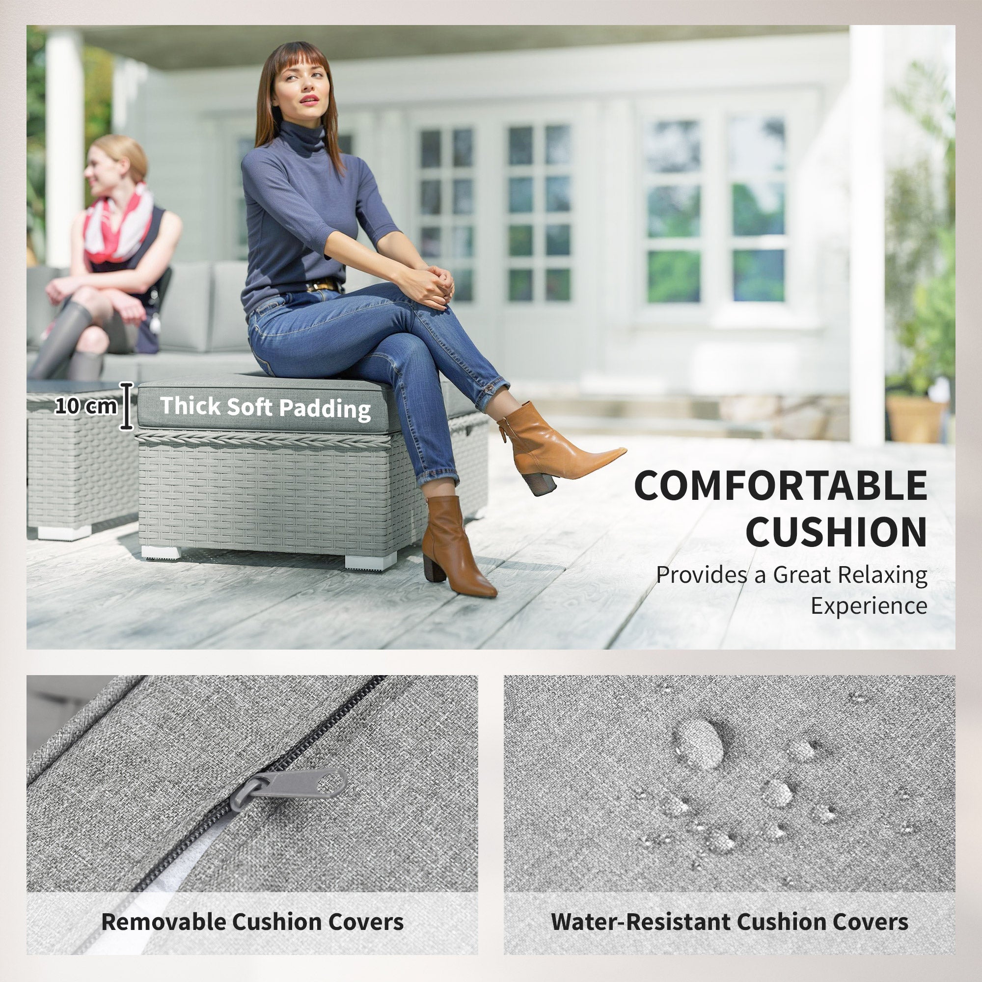 Outsunny 6 Pieces Outdoor PE Rattan Wicker Corner Sofa Set with 10cm Thick Padded Cushions, Aluminium Conservatory Furniture with Glass Top Coffee Table, Footstools, Grey