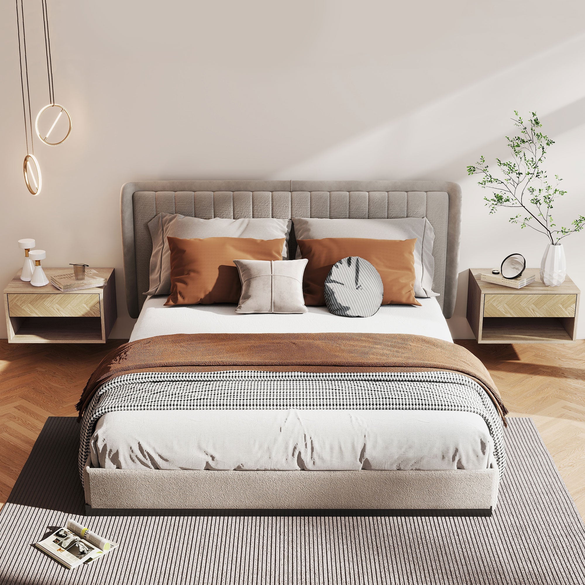 HOMCOM Set of Two Floating Bedside Tables - Natural Wood Finish