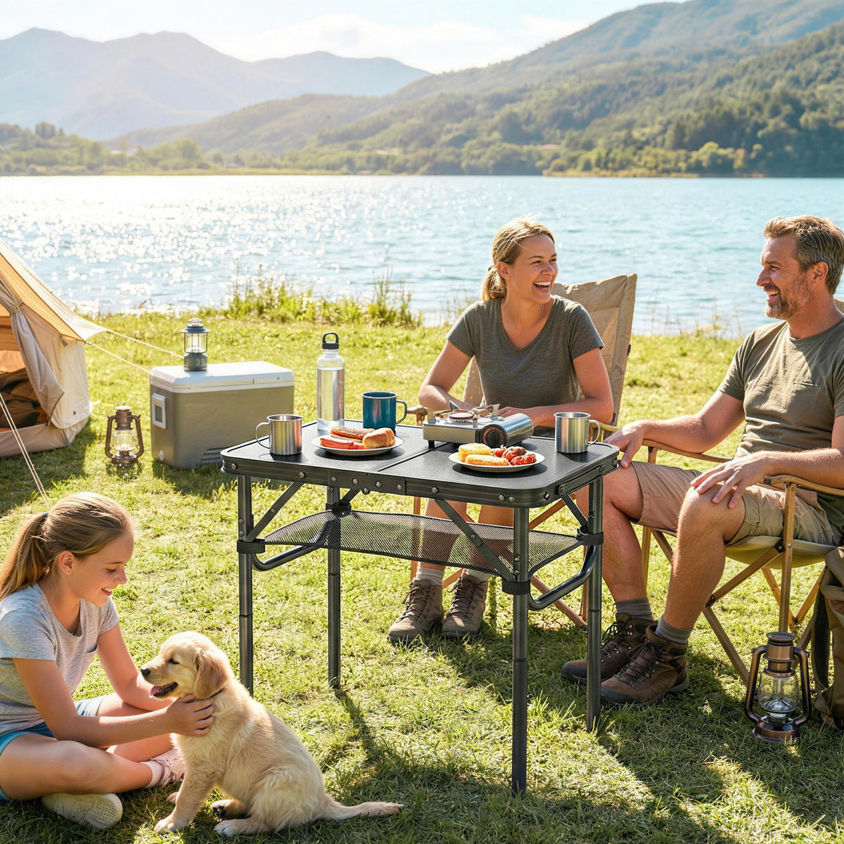 Outsunny 2ft Folding Camping Table, Picnic Table with Mesh Storage Layer, 4 Adjustable Heights and Carrying Handle, Black