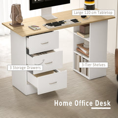 HOMCOM Computer Desk, Writing Table, PC Workstation with 3 Storage Shelves and Drawers, Silver Handle, for Home Office, Natural Wood Finish and White