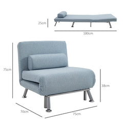 HOMCOM Single Sofa Chair Bed, Linen Fabric 3-in-1 Convertible Sleeper Chair with 5-Position Adjustable Backrest, 75cm Wide Seat, Pillow for Living Room, Bedroom, Sky Blue