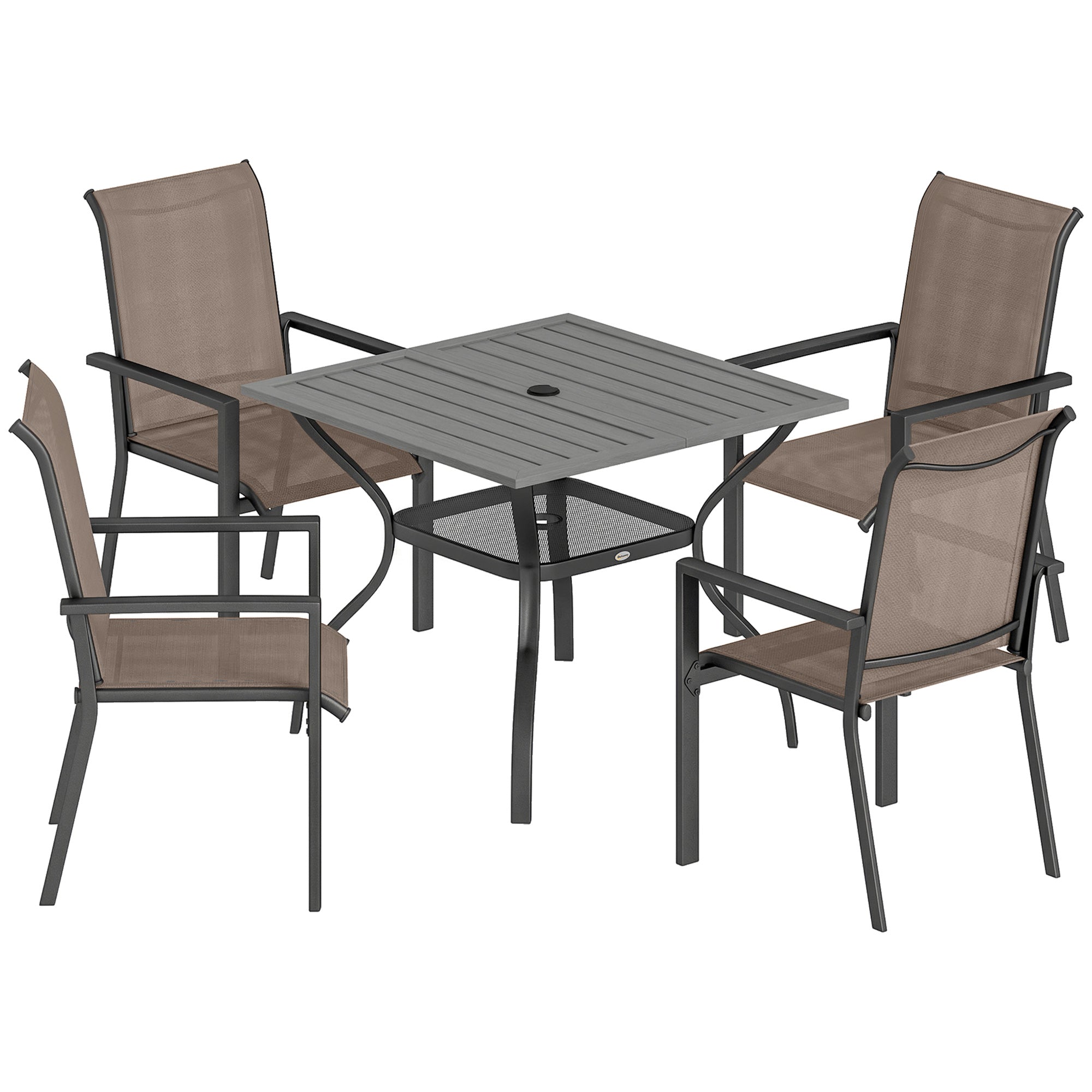 Outsunny 5 Pieces Outdoor Dining Set for 4, Garden Table and Stackable Chairs with Breathable Mesh Seat, Grey and Khaki