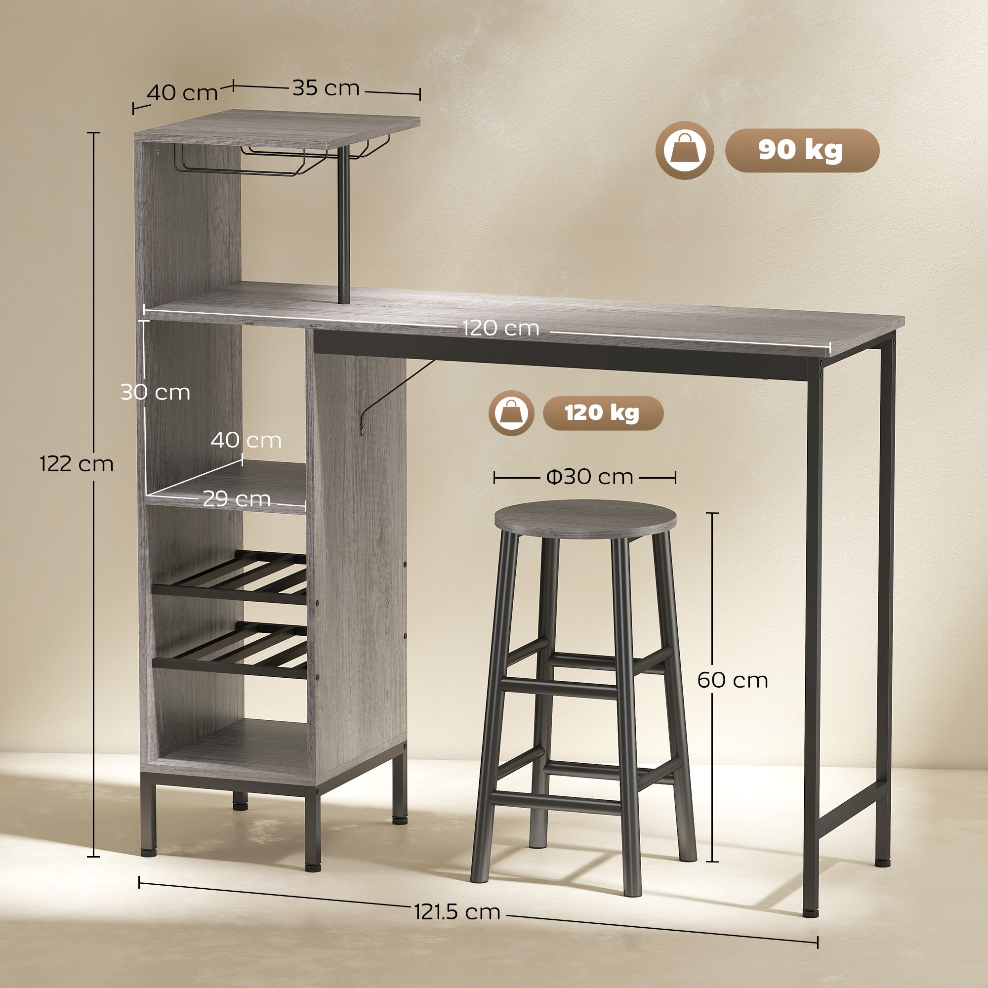 HOMCOM 3 Pieces Dining Room Set, 2 Round Stools with Footrest, 6-Tier Dining Table with Storage Shelves, Natural