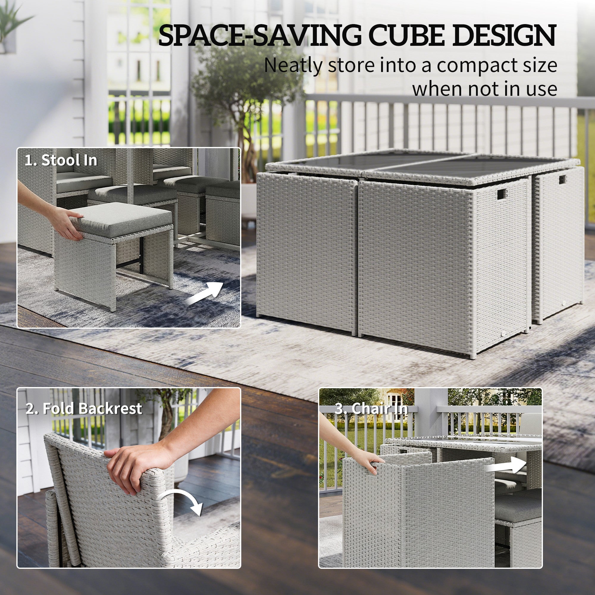 Outsunny 9 Piece Rattan Cube Garden Furniture Dining Set with Armchairs, Footstools and Glass-Top Table, Light Grey