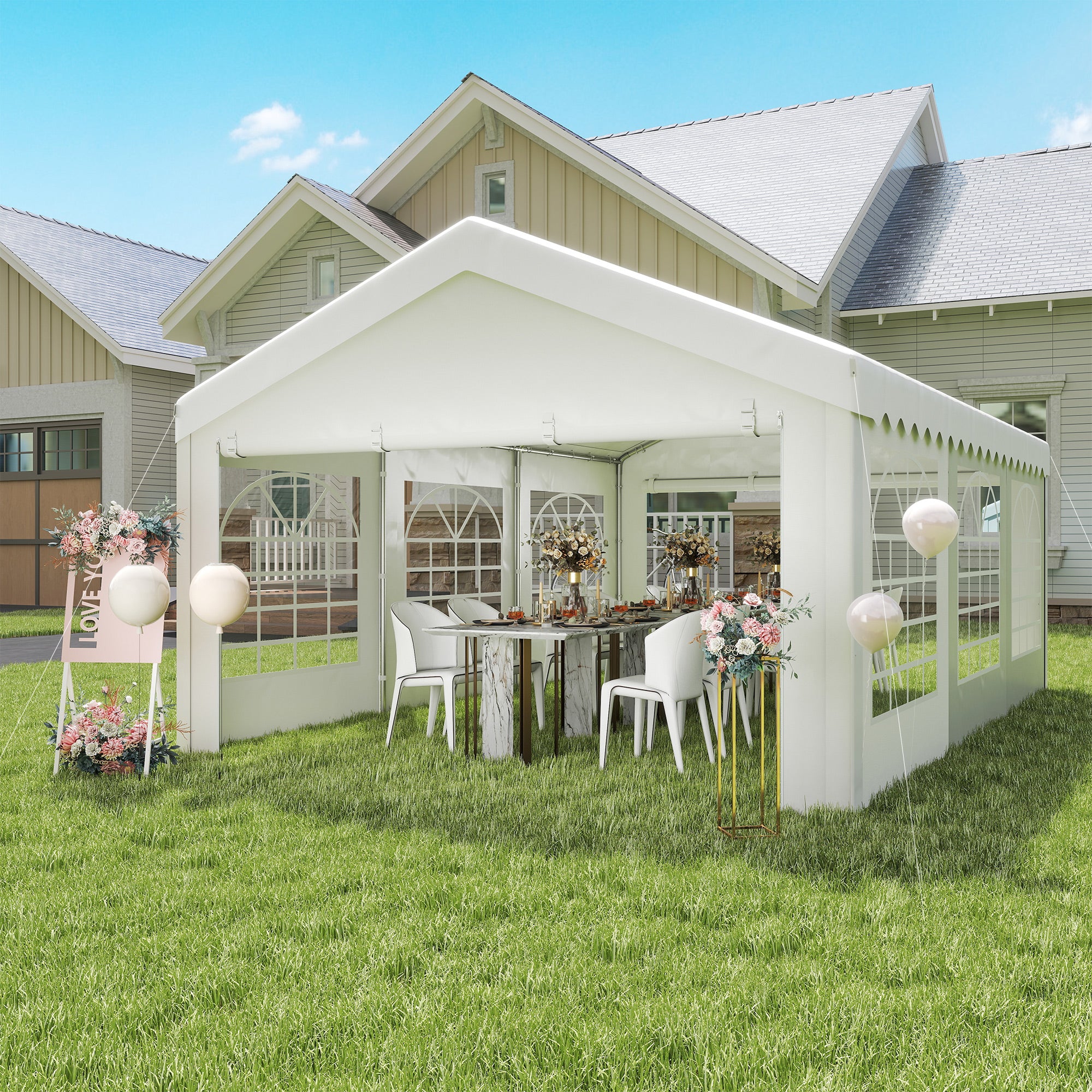 Outsunny 6m x 4m Heavy Duty Garden Gazebo, Galvanised Marquee Party Tent with Removable Sides and Windows for Parties, Wedding and Events, White