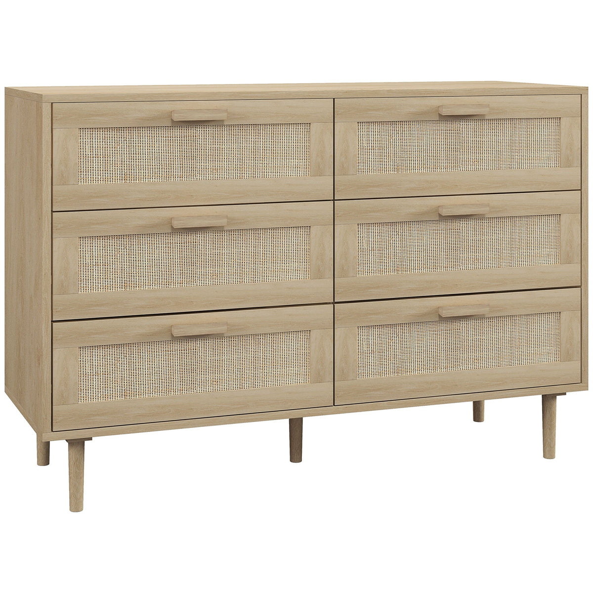HOMCOM Chest of Drawers, 6-Drawer Dresser, Tall Storage Drawer Unit with Rattan Element for Bedroom, Living Room, Oak
