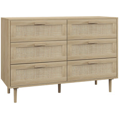 HOMCOM Chest of Drawers, 6-Drawer Dresser, Tall Storage Drawer Unit with Rattan Element for Bedroom, Living Room, Oak