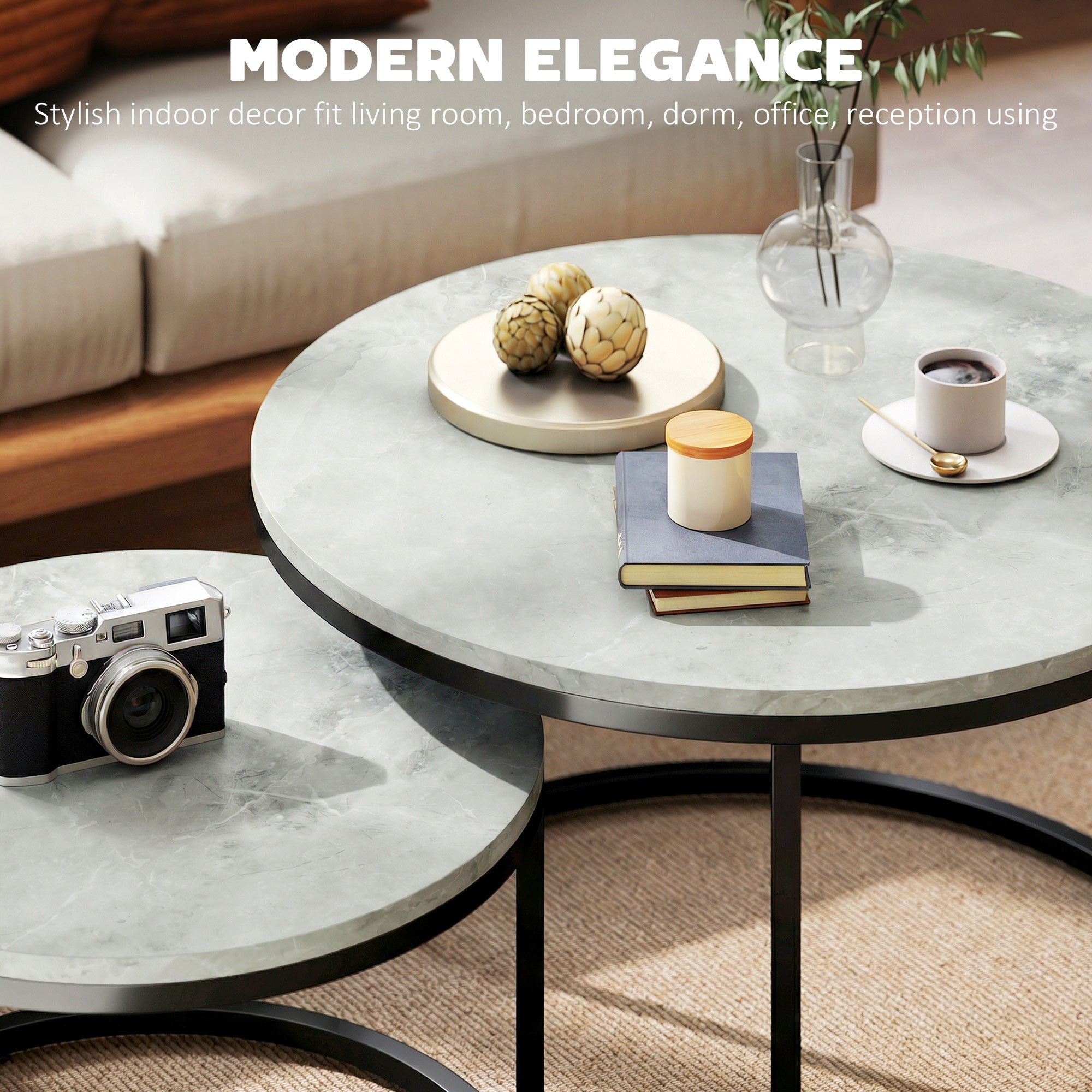 HOMCOM Set of Two Marble-Effect Stacking Tables - Grey