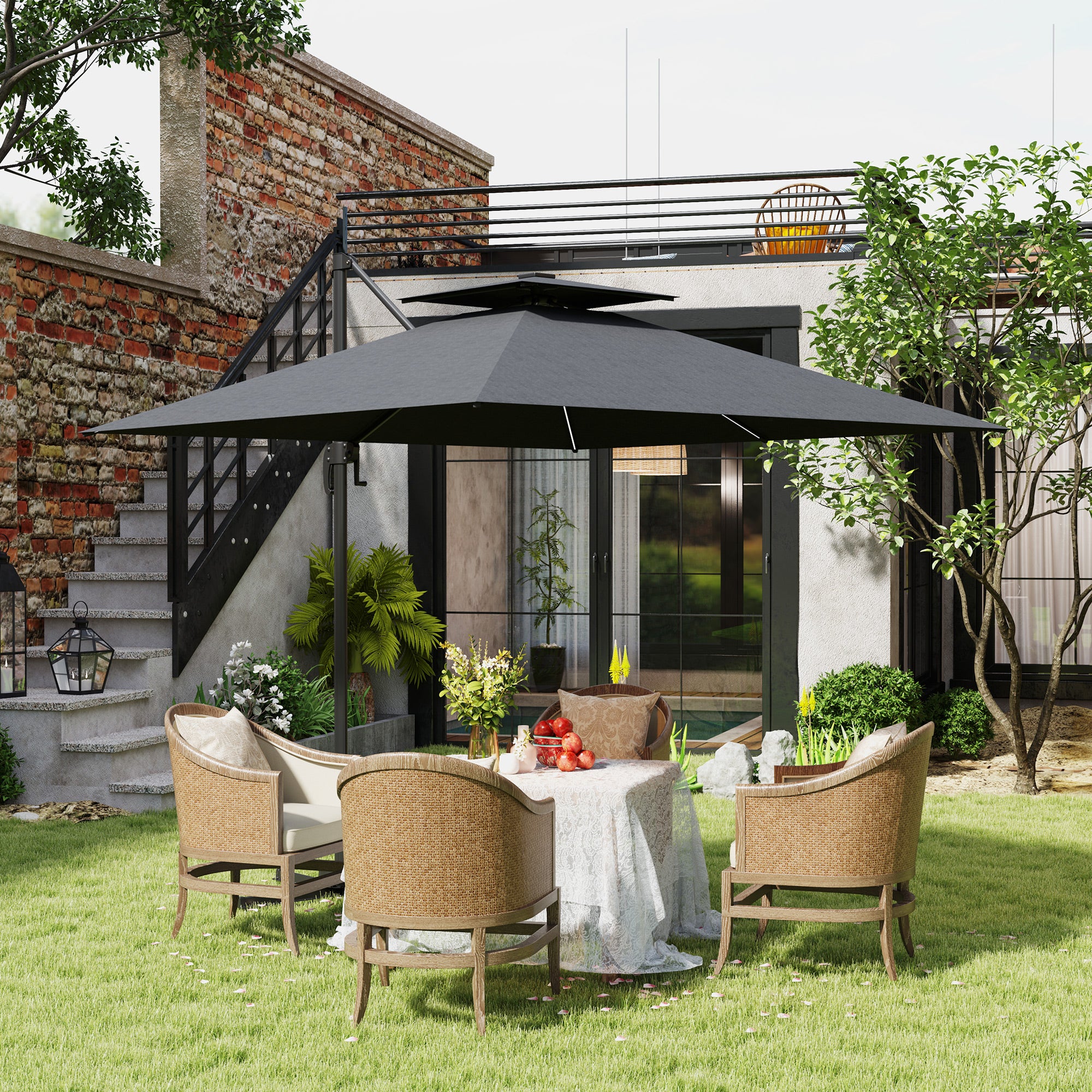 Outsunny 2.5m Cantilever Parasol with Solar Powered LED Lights, 360√Ç¬∞ Rotation, Tilt Adjustment, Crank Handle, Dark Grey