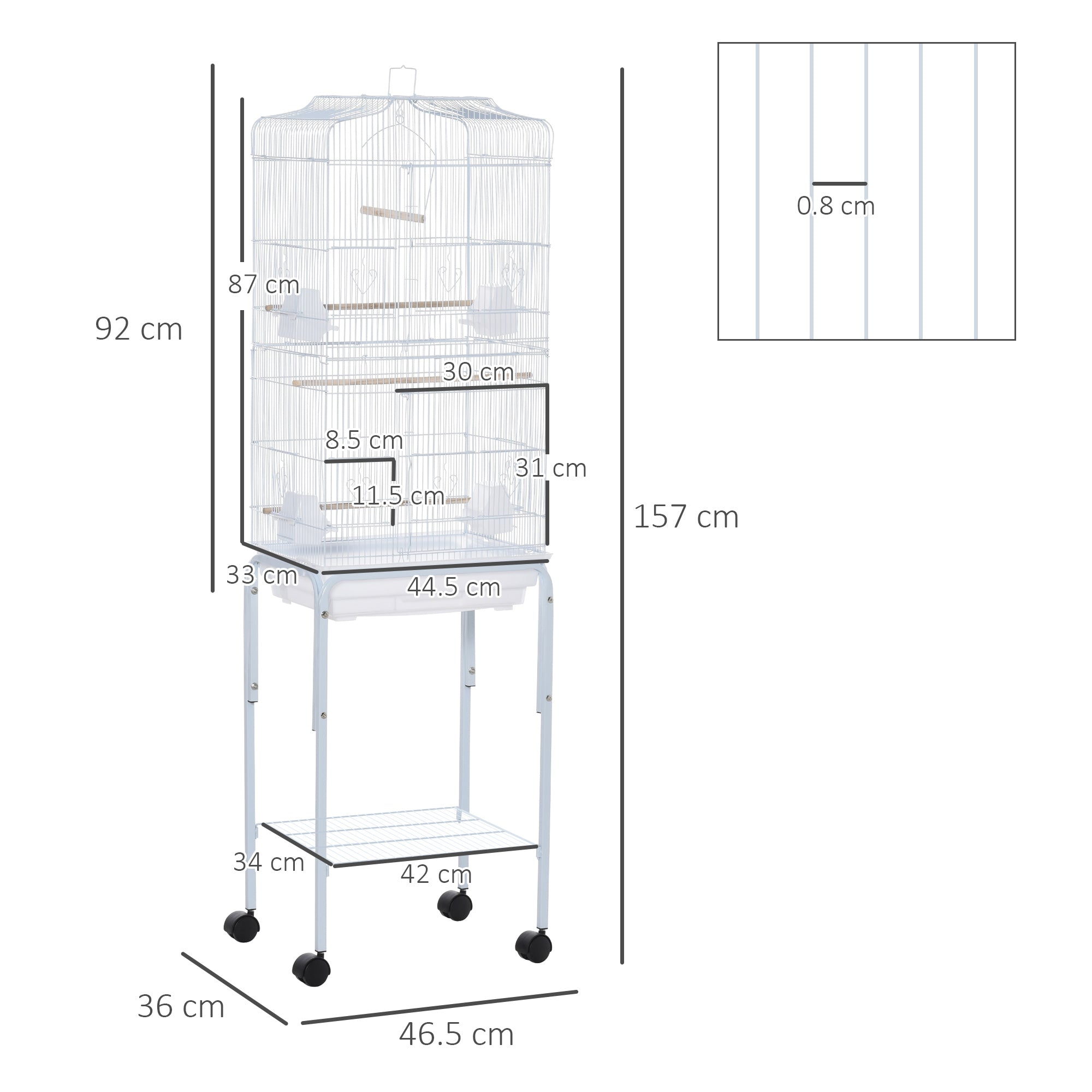 PawHut Bird Cage Budgie Cages for Finch Canary Parakeet with Stand Wheels Slide-out Tray Accessories Storage Shelf, White 46.5 x 36 x 157 cm