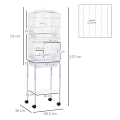 PawHut Bird Cage Budgie Cages for Finch Canary Parakeet with Stand Wheels Slide-out Tray Accessories Storage Shelf, White 46.5 x 36 x 157 cm