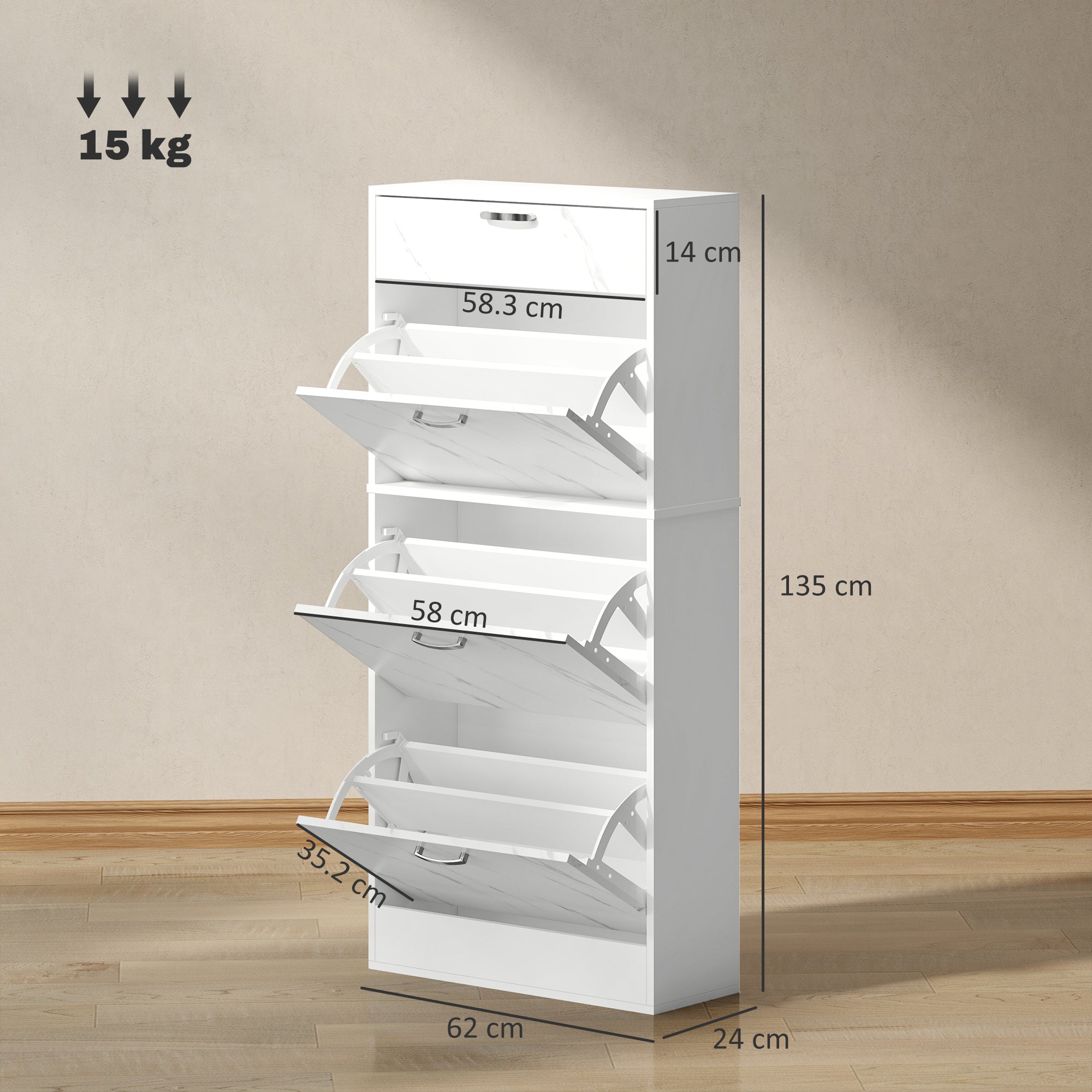 HOMCOM Marble Shoe Storage Cabinet with 3 Flip Drawers, Hallway Cabinet with Top Drawer and Adjustable Shelves, Shoe Cupboard for 18 Pairs, White