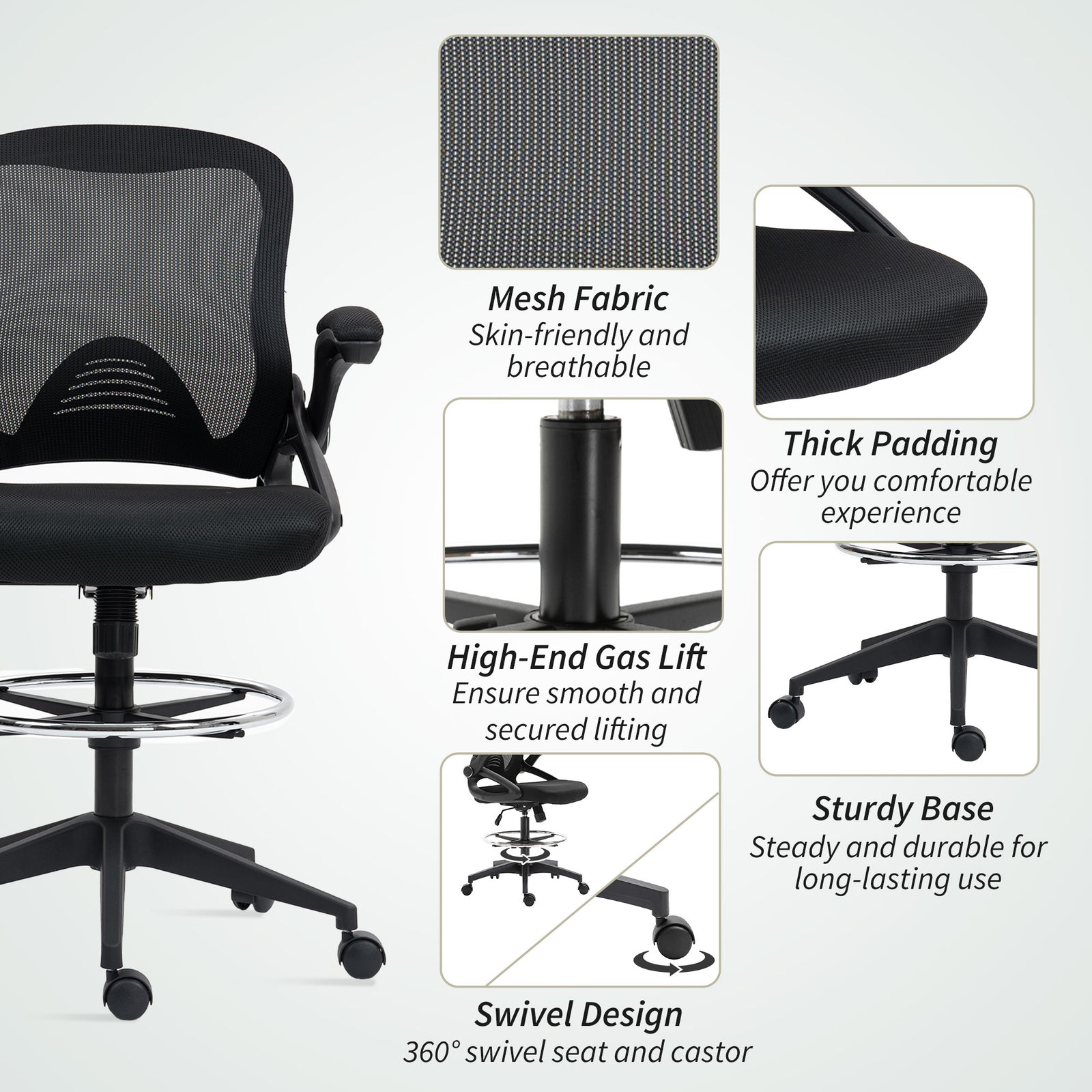 Vinsetto Drafting Chair with Flip-up Armrest, Mesh Office Stool with Foot Ring, 360 Degree Swivel Height Adjustable Chair for Standing Desk, Black