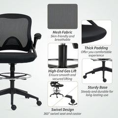 Vinsetto Drafting Chair with Flip-up Armrest, Mesh Office Stool with Foot Ring, 360 Degree Swivel Height Adjustable Chair for Standing Desk, Black