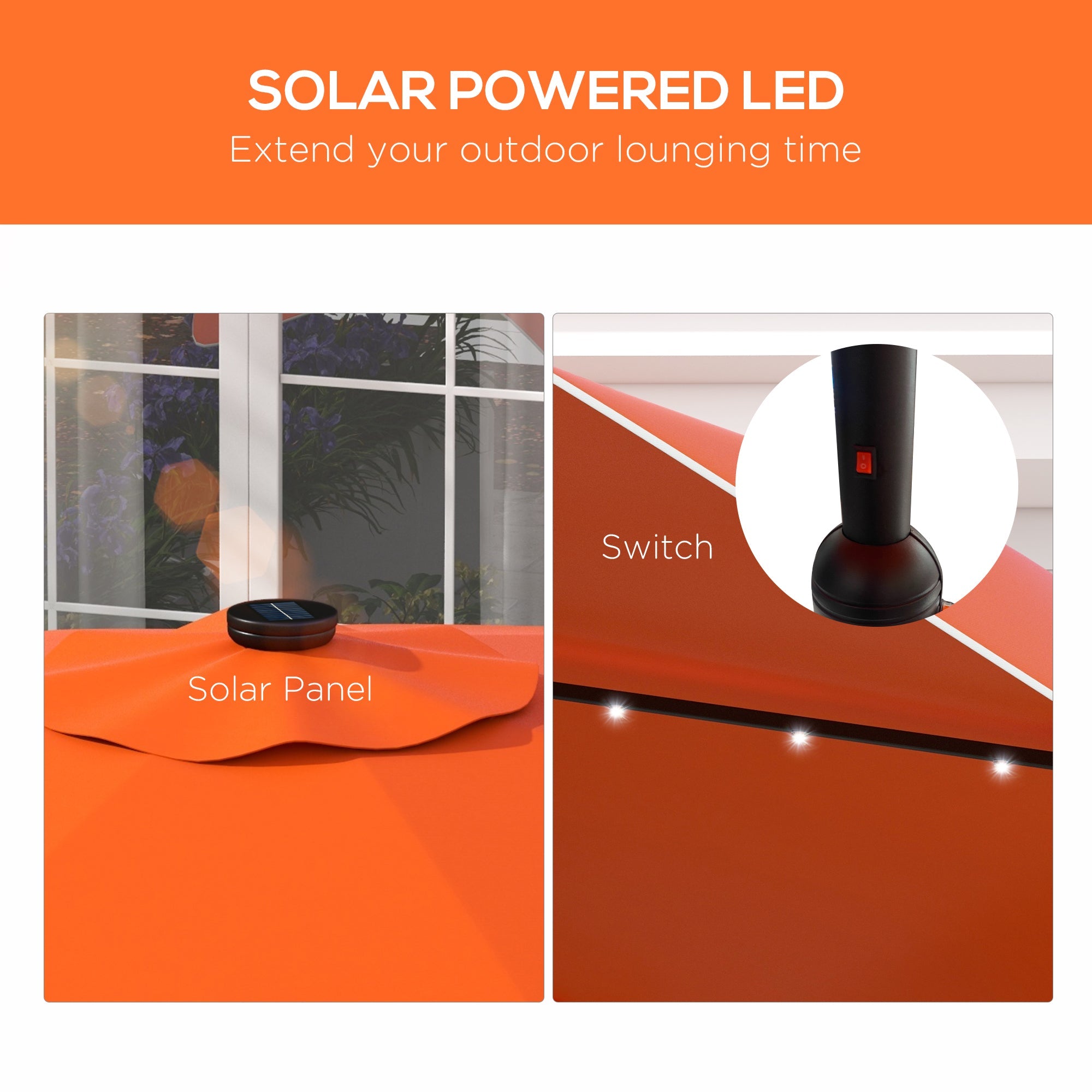 Outsunny Solar Patio Umbrella with LED and Tilt, Outdoor Market Table Umbrella Parasol with Crank, 3 x 3 (m), Orange
