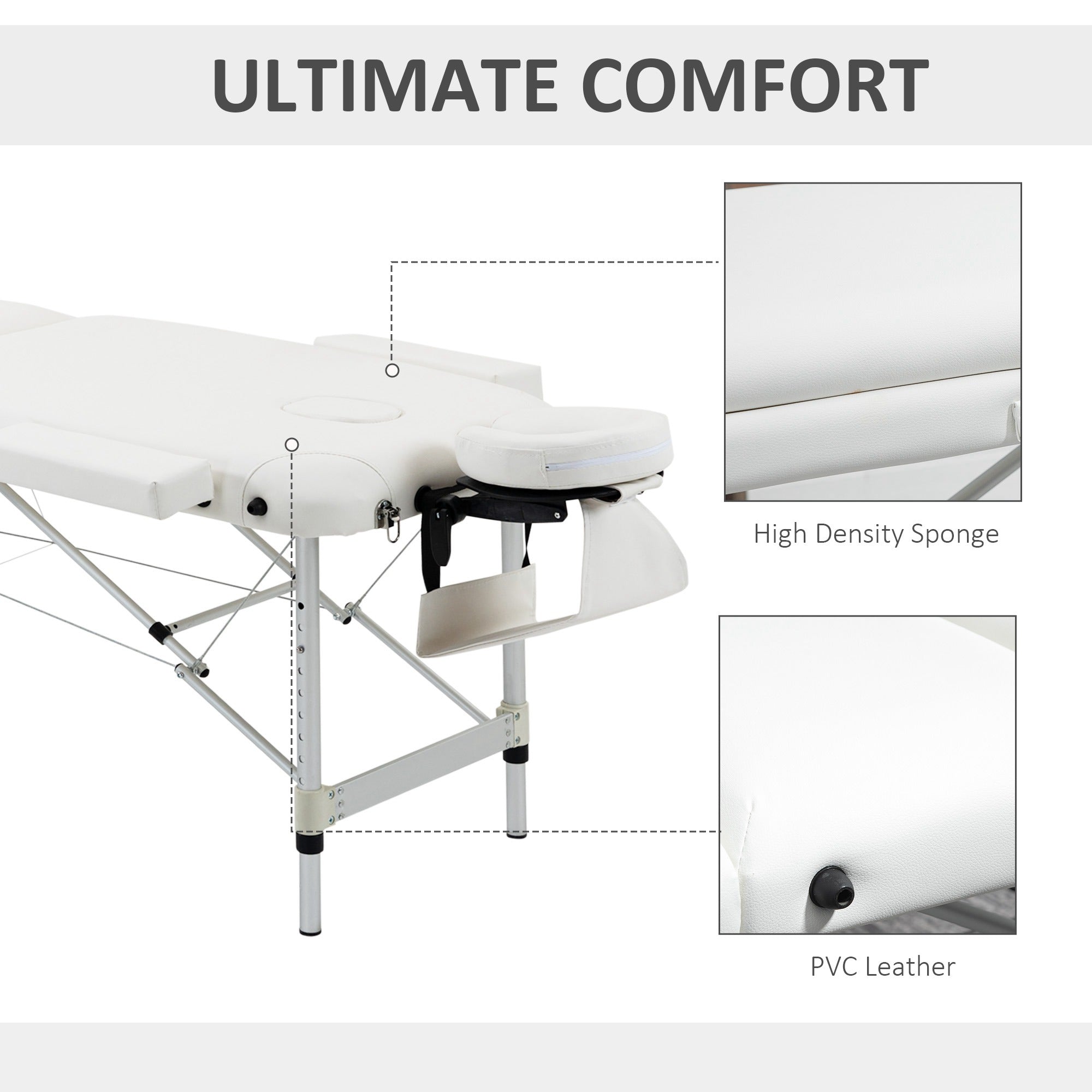 HOMCOM Foldable Massage Bed Portable Table, 3-Section Aluminium Foldable Beauty Couch, Professional Salon Spa Table with Headrest Support and Carry Bag, 81 cm Width, White