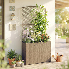 Outsunny Rattan Planter with Trellis, Raised Beds for Garden with Liner for Climbing Plants Vegetables Flowers, Light Grey