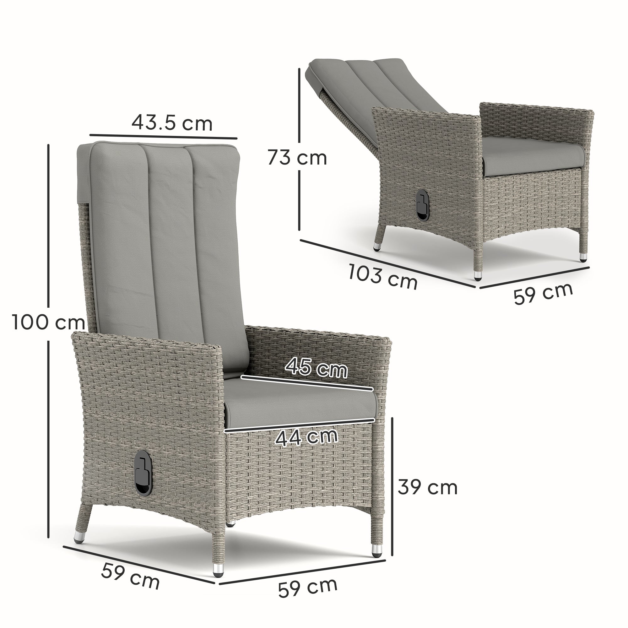 Outsunny 105√Ç¬∞-150√Ç¬∞ Reclining Rattan Chair - Grey