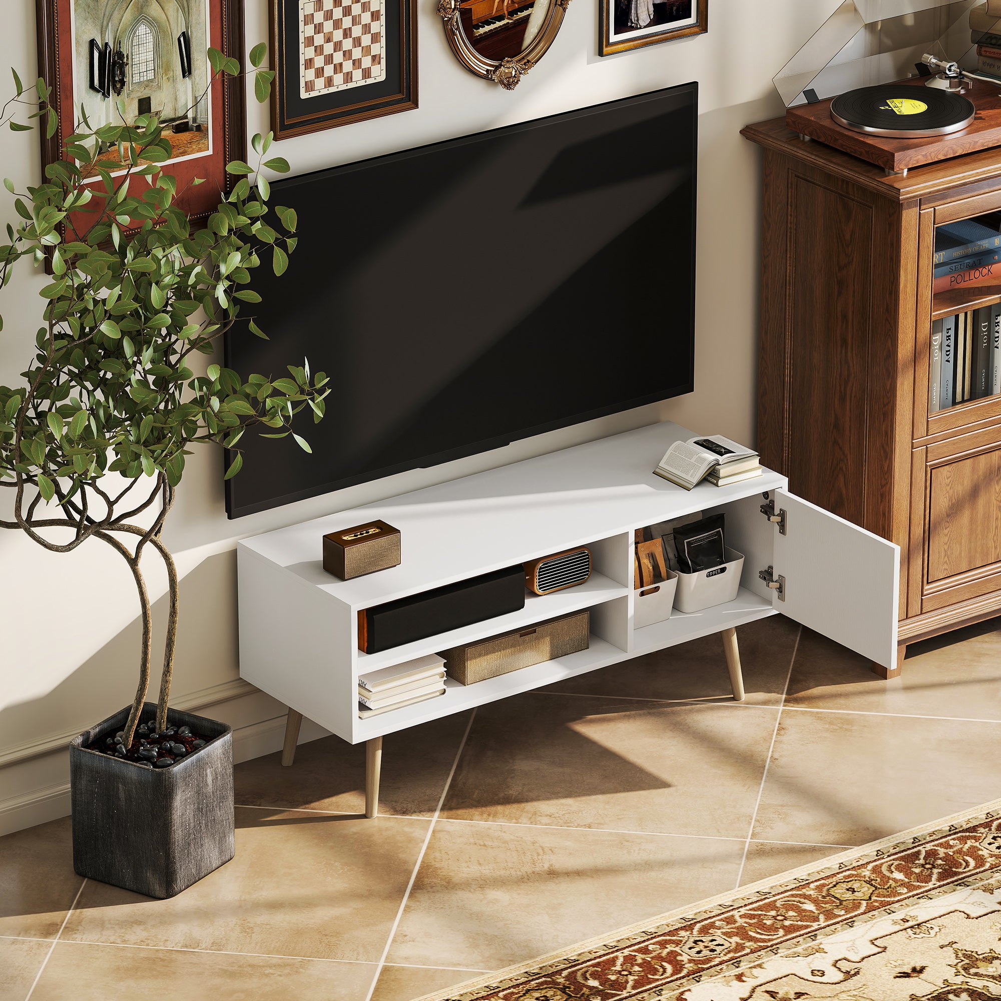 HOMCOM TV Stand up to 55 Inches, TV Unit with Open Shelves and Cable Holes - White