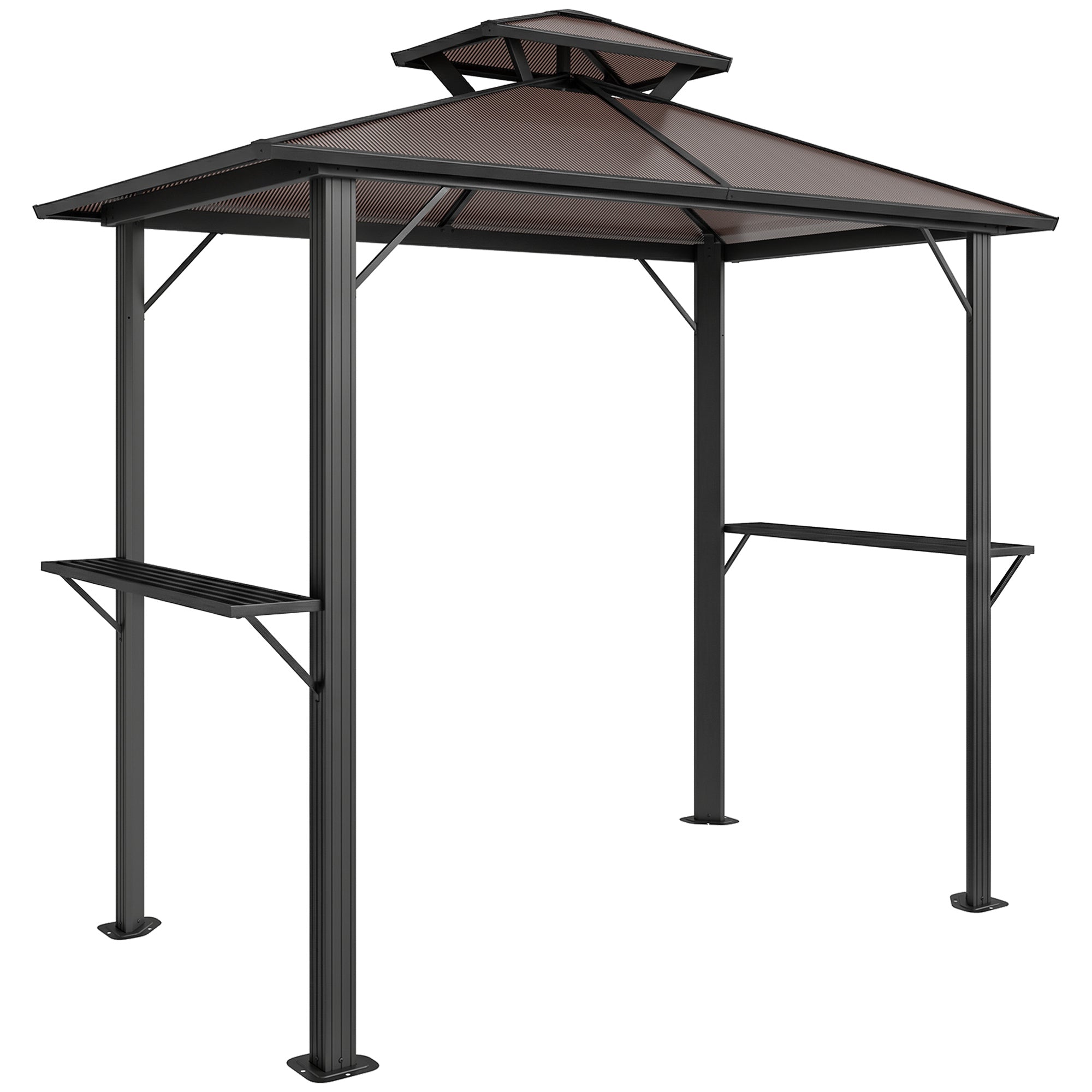 Outsunny 2.5 x 1.5 m Hardtop Grill Gazebo with Double Roof, Aluminium Outdoor BBQ Gazebo Shelter with 2 Side Shelves, Brown