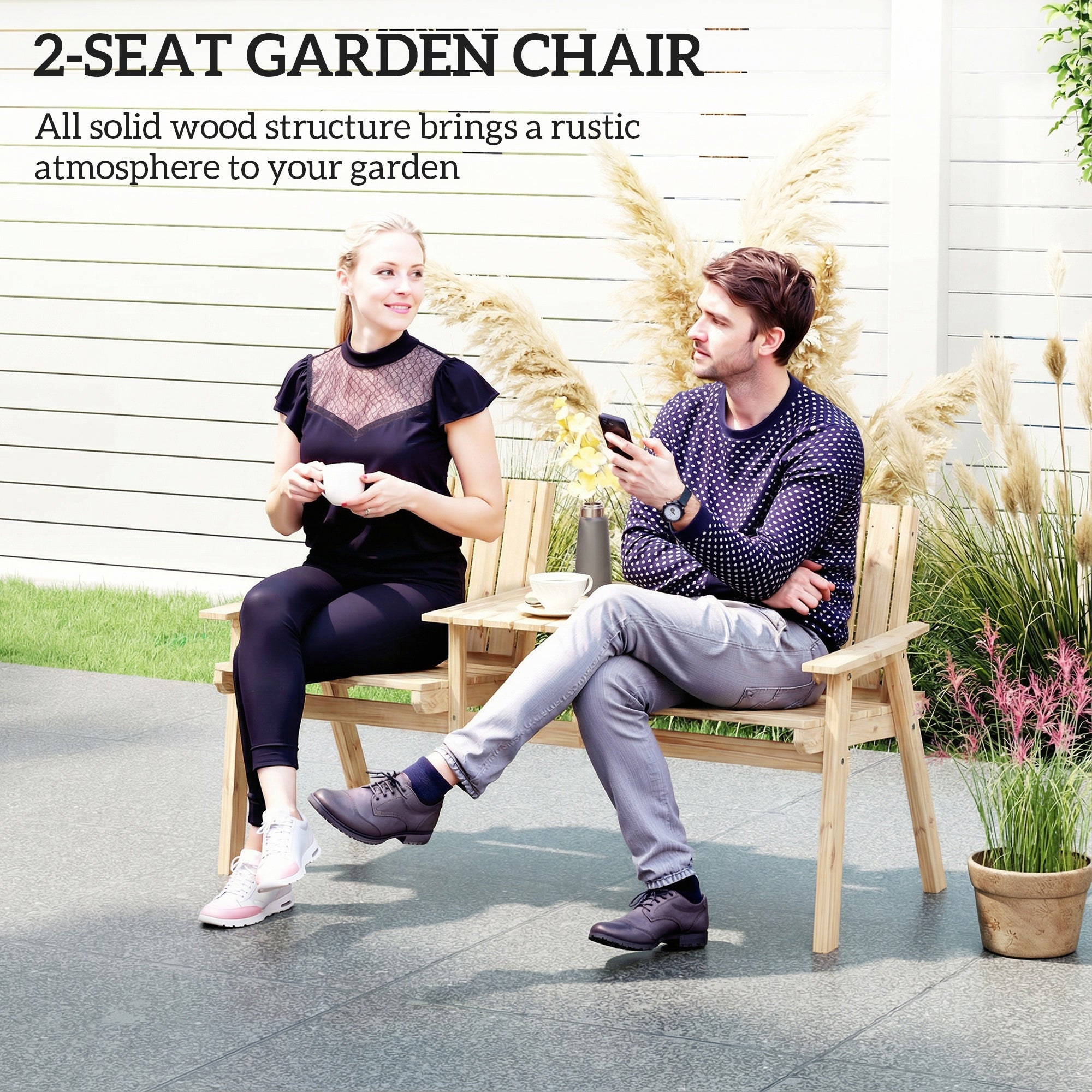 Outsunny 2-Seater Garden Loveseat with Table and Parasol Hole for Porch, Patio, Natural Wood Finish