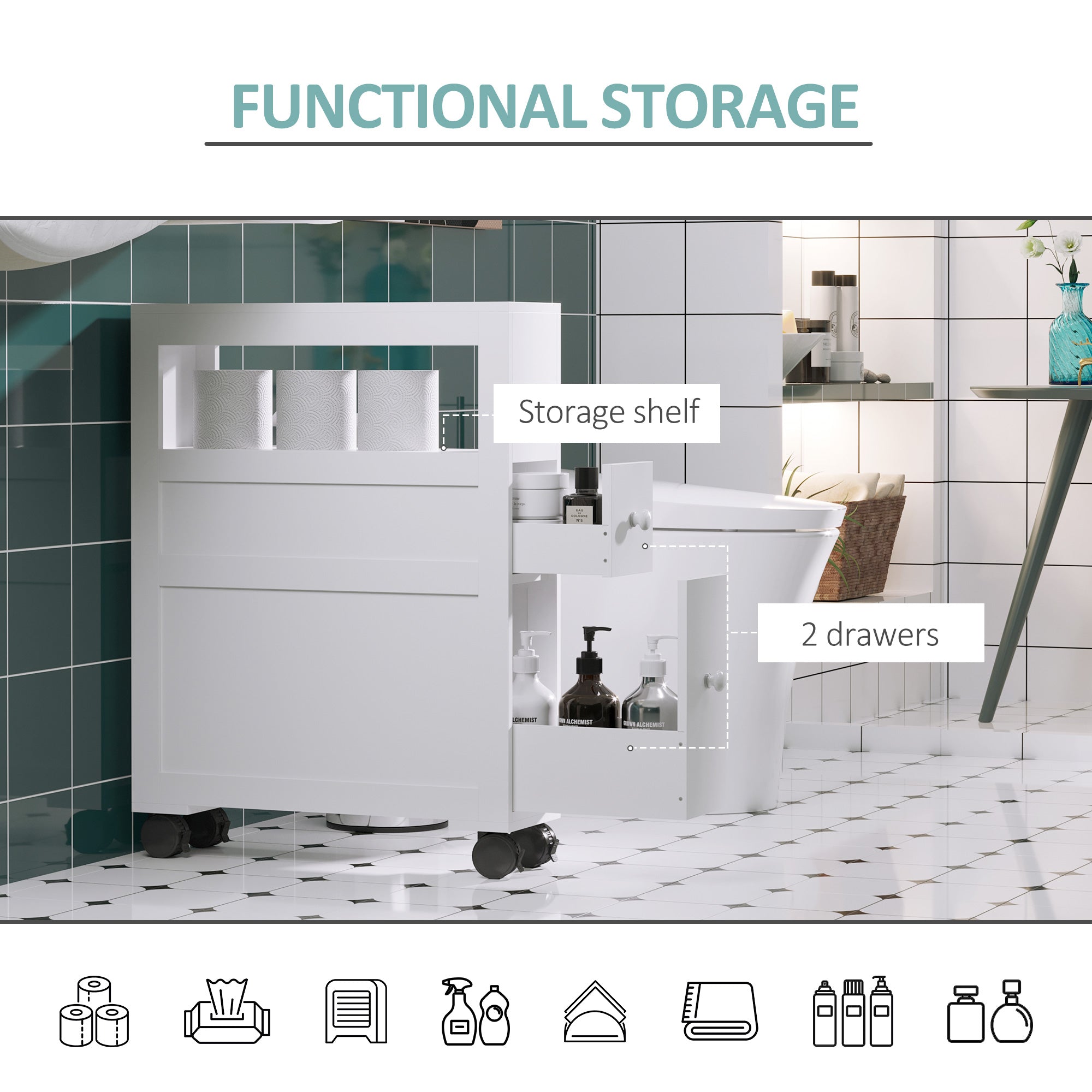 HOMCOM 72x16cm Narrow Bathroom Storage Unit w/ 2 Drawers Open Top 4 Wheels Slimline Modern Rolling Home Organisation