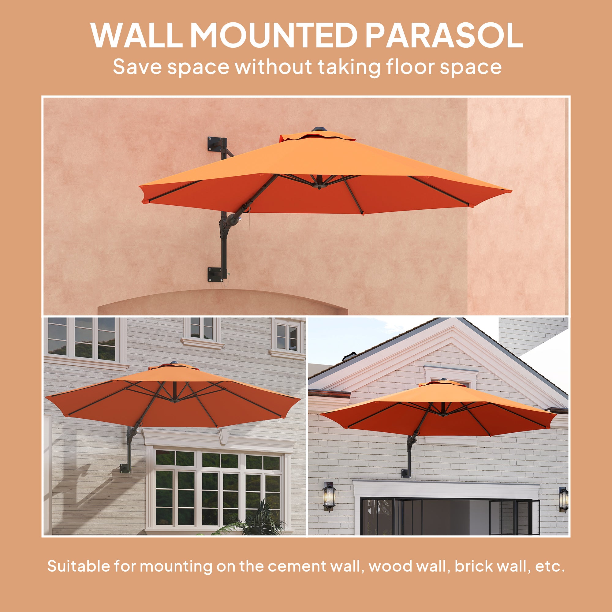 Outsunny 3(m) Wall-Mounted Parasol Shade, with Handle - Orange