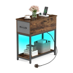 Narrow Side Table with charging station and LED lights in rustic brown finish